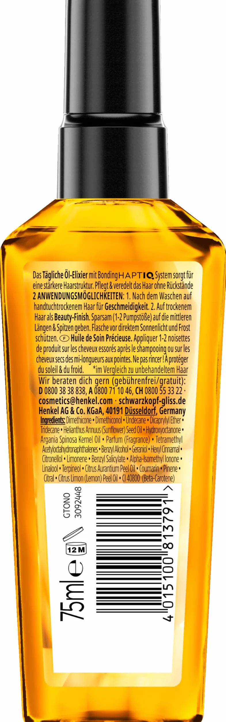 Gliss Olejek do włosów codzienny eliksir olejowy (75 ml), olejek do włosów suchych pielęgnuje i uszlachetnia włosy bez natłuszczania, z olejkiem arganowym i witaminą E