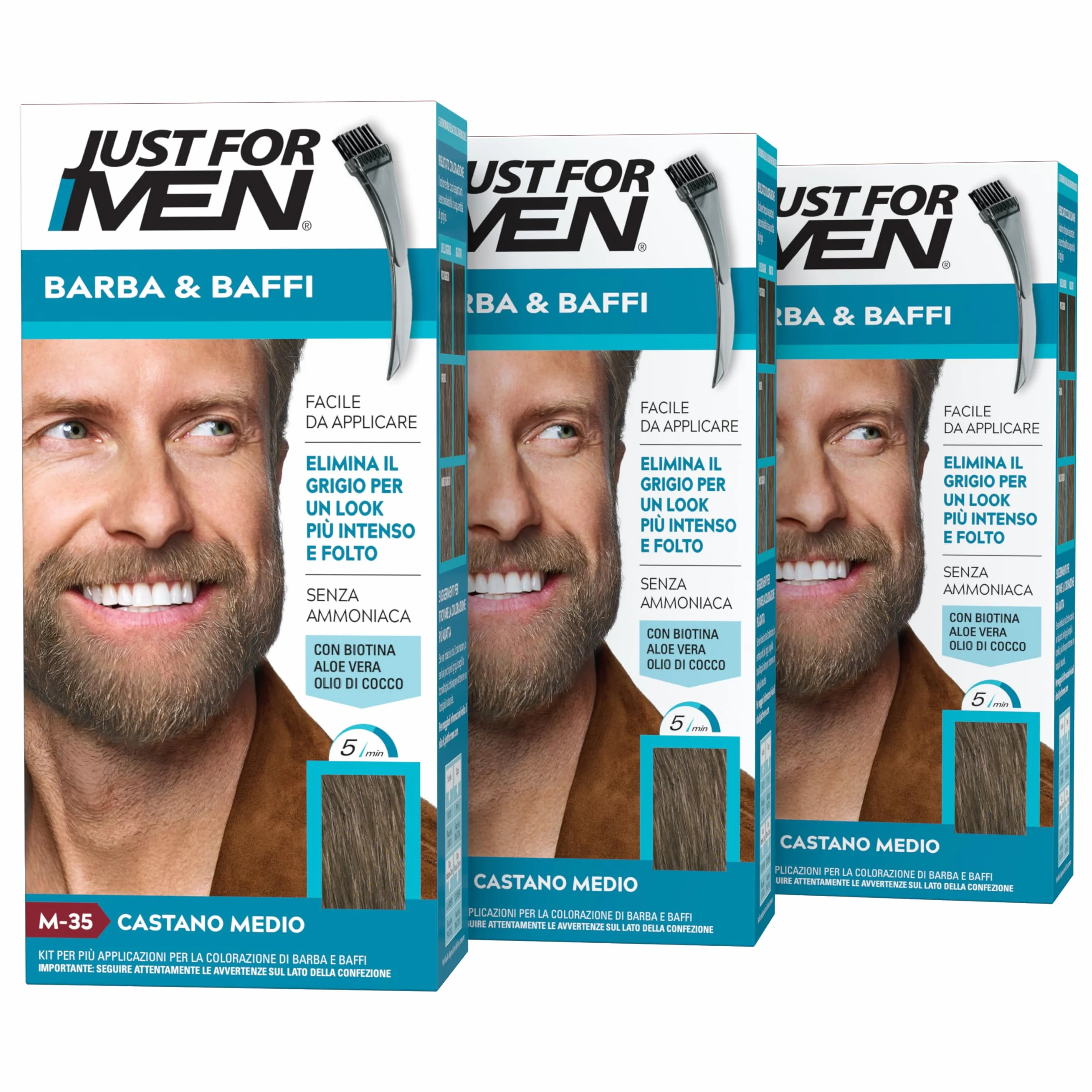 Just for Men Broda i wąsy, średni brązowy kolor, farbowanie, usuwanie szarych włosów, grzebień aplikatora, M35 (3 szt.)