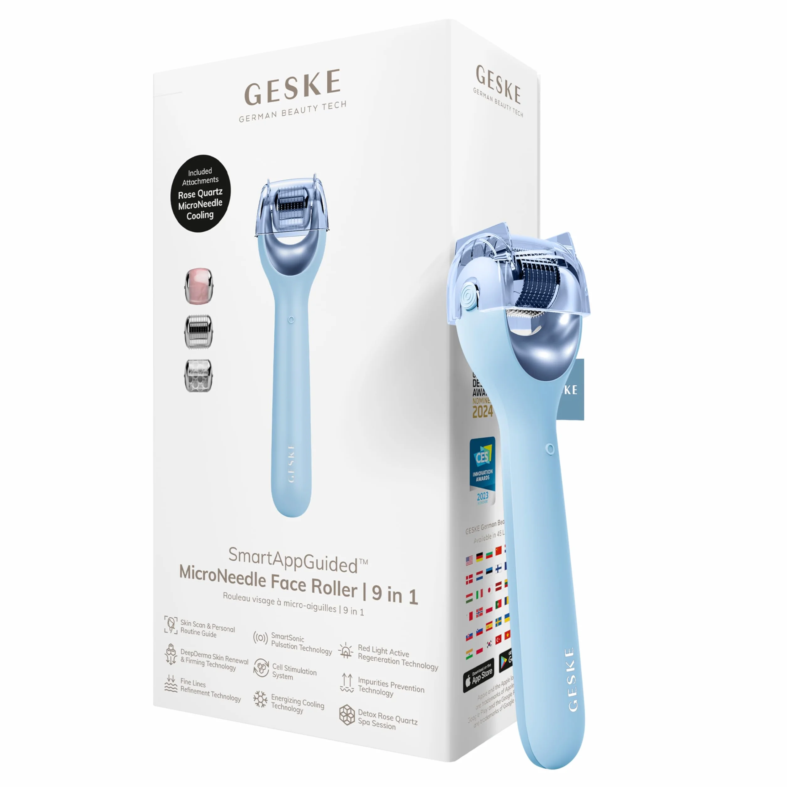 GESKE | Wałek do twarzy z mikroigłami SmartAppGuided™ | 9 w 1 | z kwarcem różowym | Mikronakłuwanie | Profesjonalne urządzenie do mikronakłuwania | Roller igłowy | Twarz wałka kosmetycznego