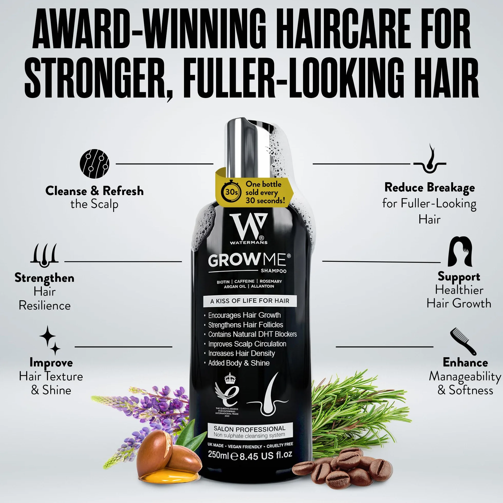 Szampon Grow Me® Hair Growth, bez siarczanów, wegański, z kofeiną, biotyną, olejem arganowym, alantoiną i rozmarynem. Stymuluje wzrost włosów, idealny dla wolno rosnących włosów u mężczyzn i kobiet.