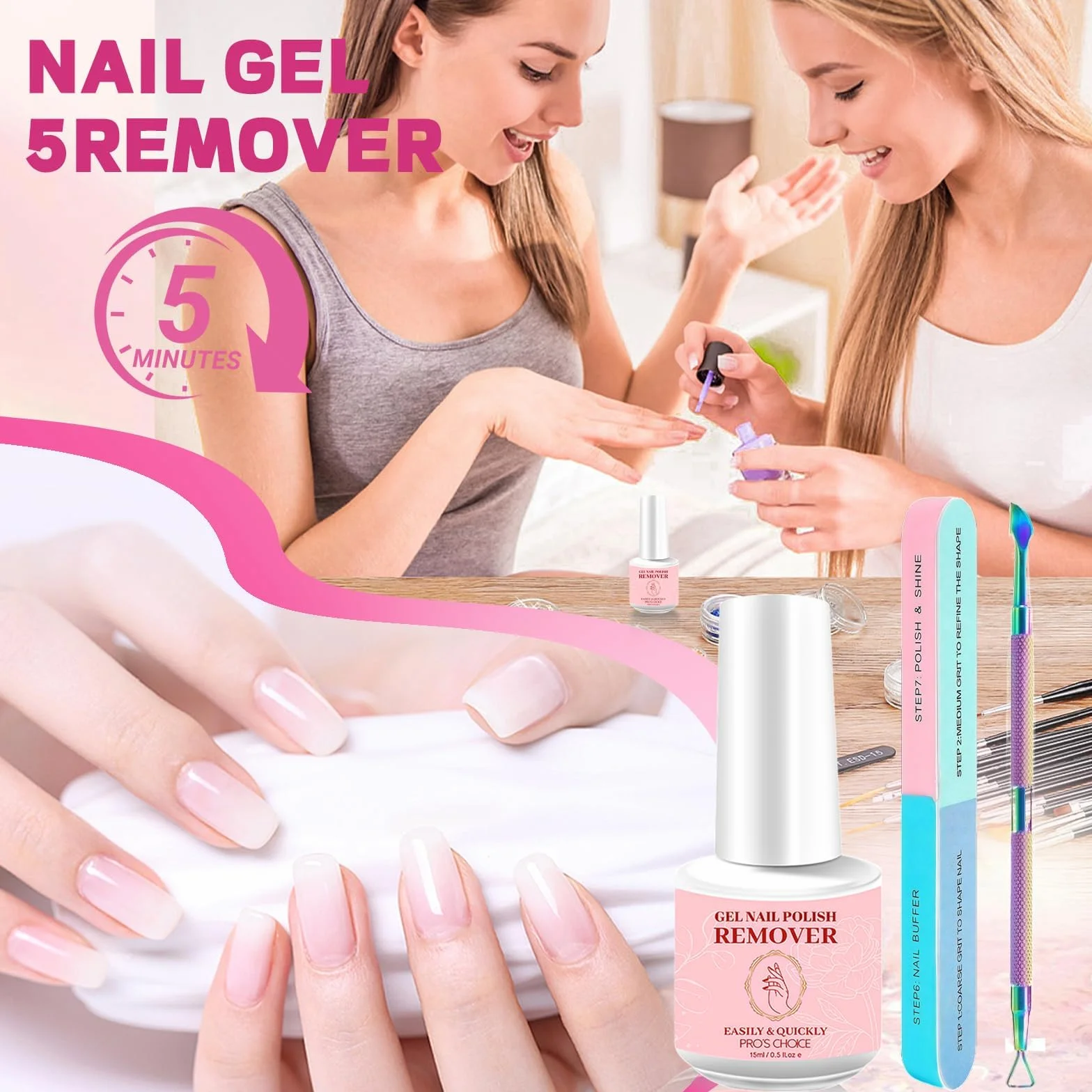 2 x 15 ml zmywacz do paznokci żelowych, zmywacz do paznokci żelowych, zmywacz do paznokci, zmywacz do paznokci z popychaczem do skórek i skrobakiem do paznokci, ciemnoróżowy