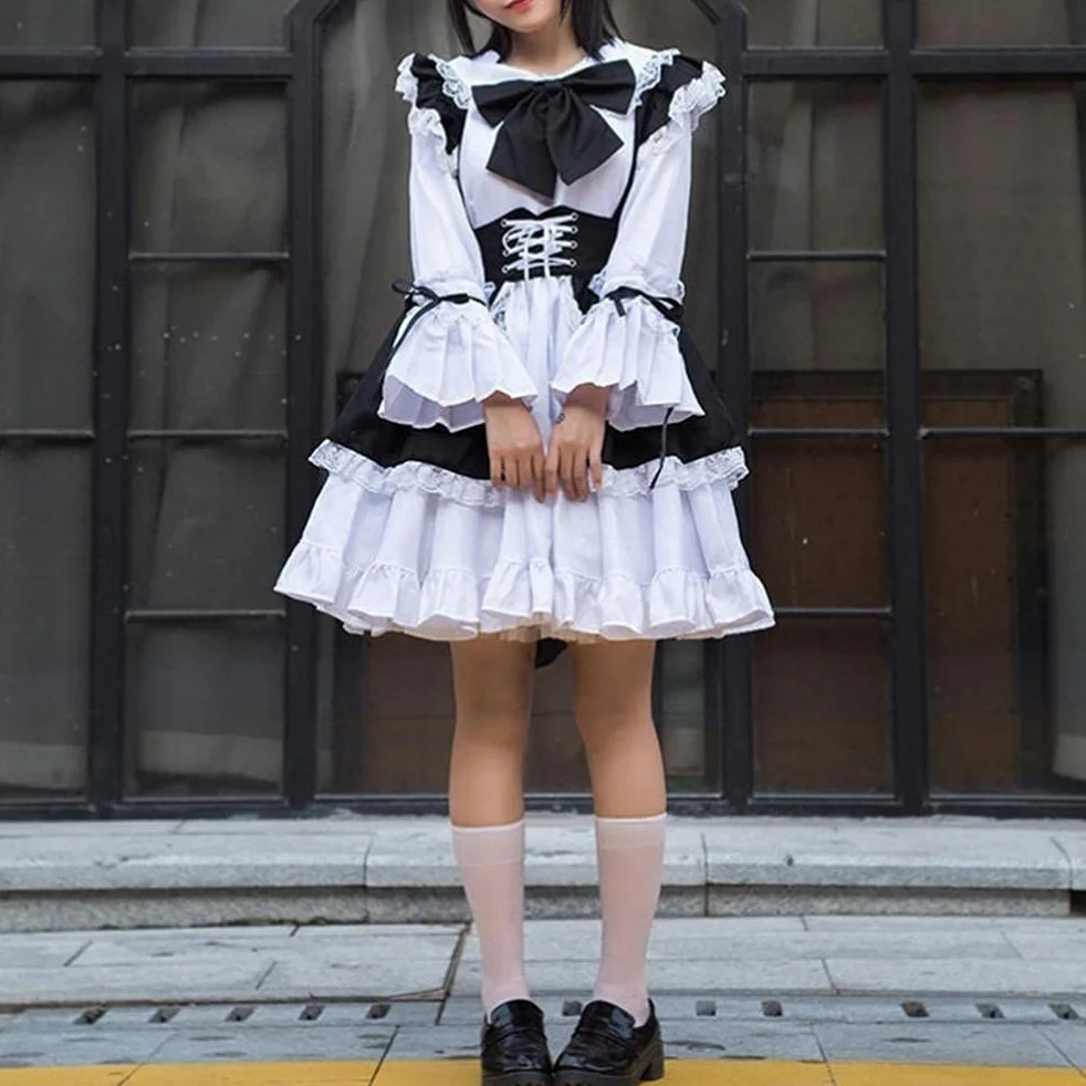 Damski strój pokojówki anime długa sukienka czarno-biały fartuch sukienka cosplay kostium na cztery pory roku
