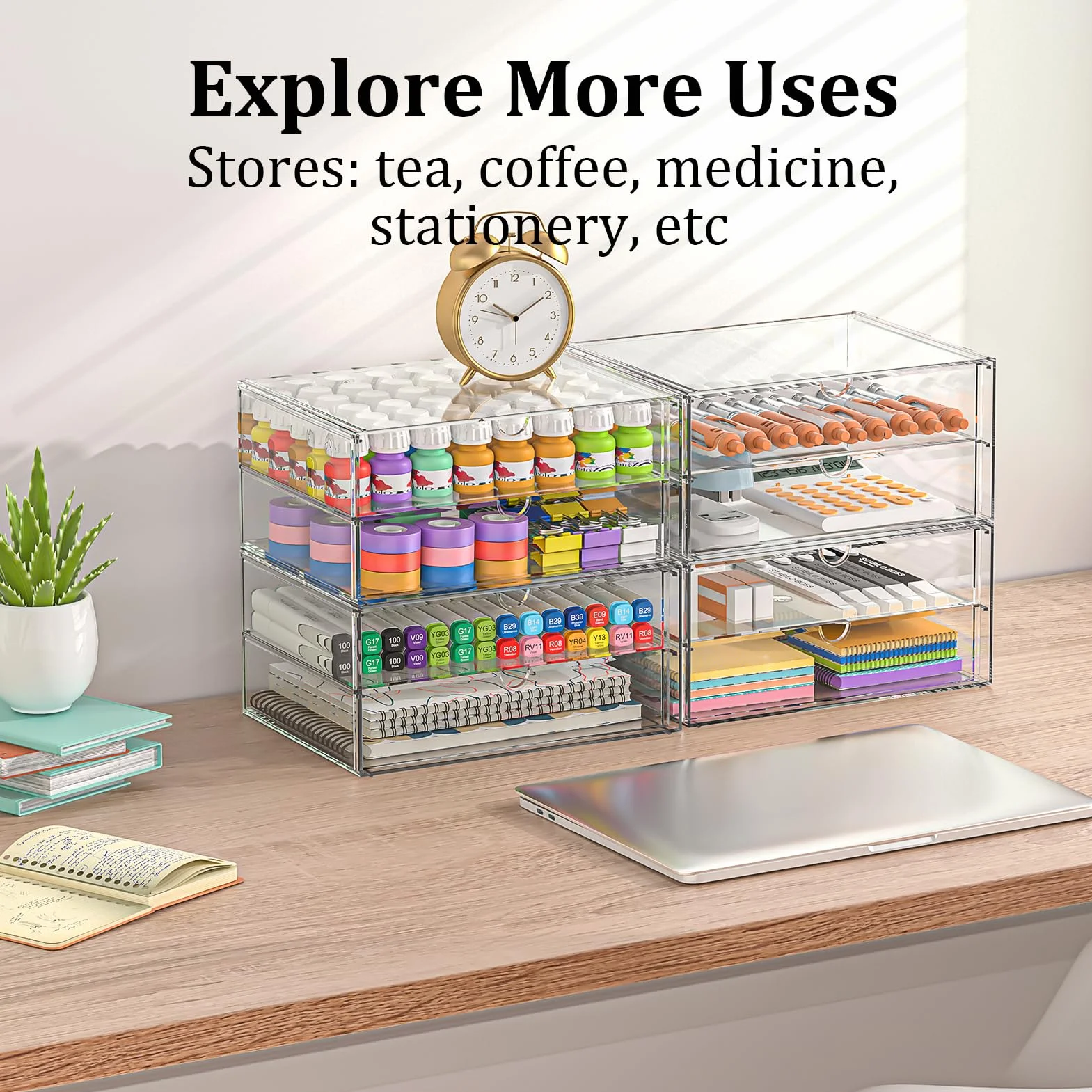 SortNStore Vanity Organizer z 4 szerokimi szufladami: Zestaw 2 akrylowych organizerów biurkowych z antypoślizgowymi podkładkami | Składana szuflada do biura, sypialni, łazienki