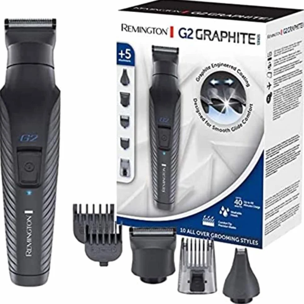Remington trymer do brody i ciała, multigroomer, wielofunkcyjny 5w1, regulowany grzebień 2-20mm, 2x stałe grzebienie 1.5mm i 3mm, trymer do nosa i uszu, samoostrzące się ostrza, Graphite G2 PG2000