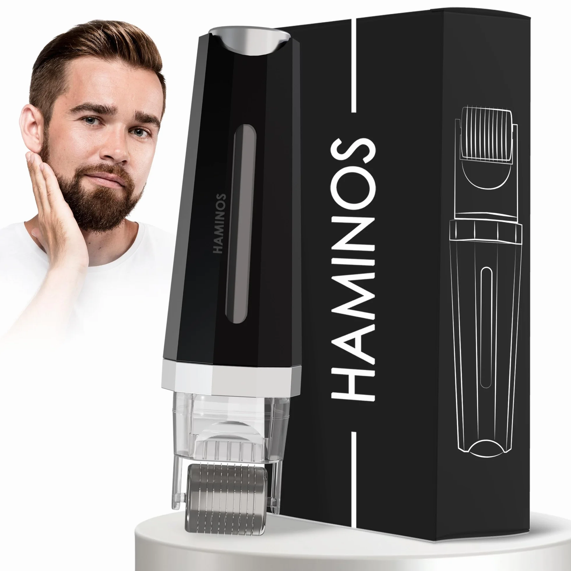 HAMINOS Derma roller 0,5 mm 3.0 z Pojemnikiem do Włosy, Broda, Skóra, Zmarszczki, Rozstępy, Hiperpigmentacja NATYCHMIASTOWA APLIKACJA SERUM, 520 igieł tytanowych