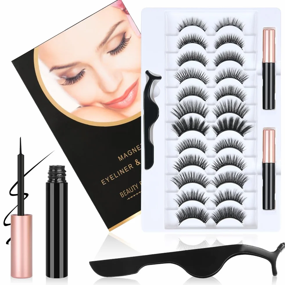 Magnetyczne sztuczne rzęsy, 12 par magnetycznych rzęs z 2 magnetycznymi eyelinerami, wielokrotnego użytku, zestaw sztucznych rzęs, naturalny i długotrwały efekt 3D