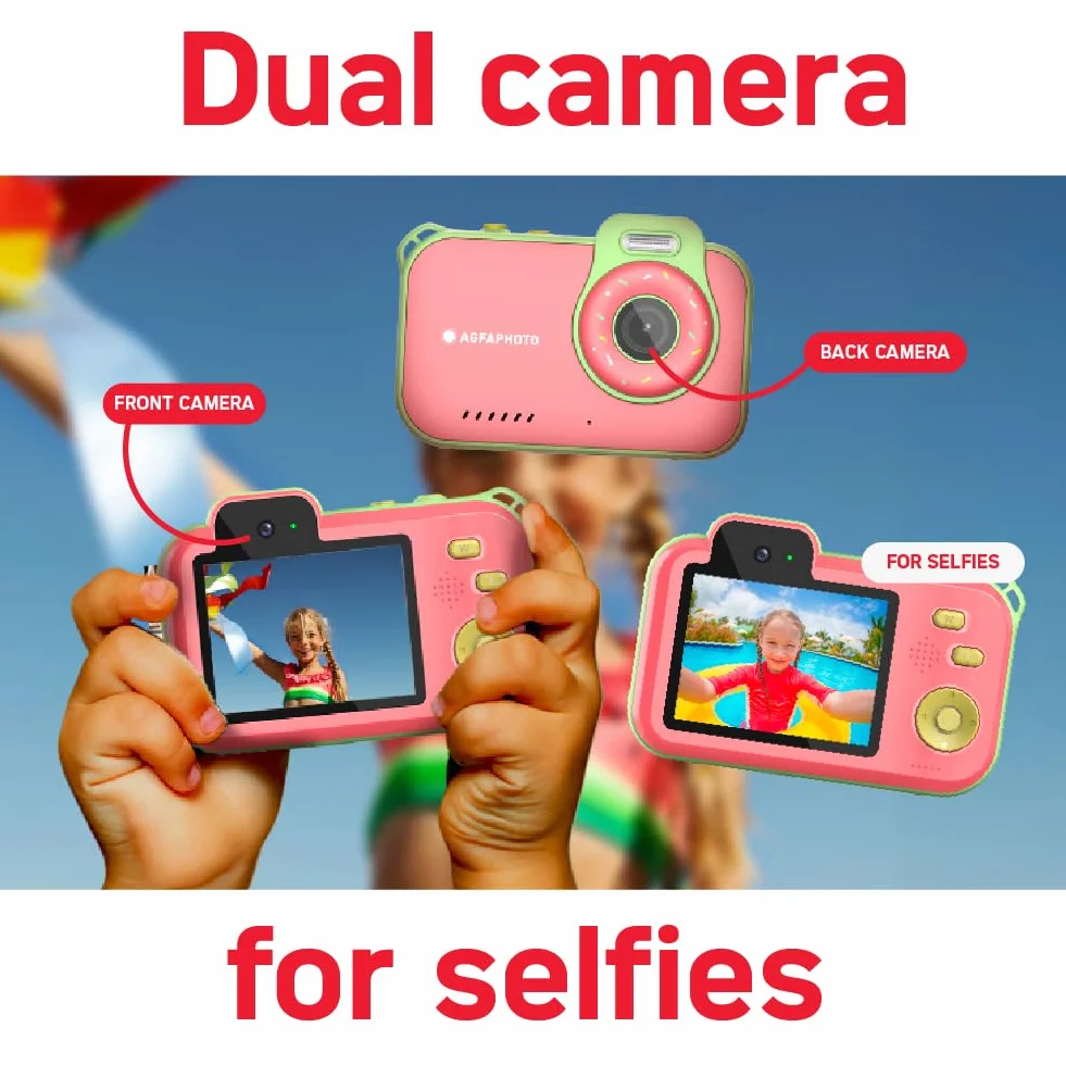 AgfaPhoto Realikids Cam Waterproof 2 - wodoodporny aparat dziecięcy 12 MP, wideo HD, tryb selfie, filtry i ramki, wbudowane gry, bateria litowa - niebieski