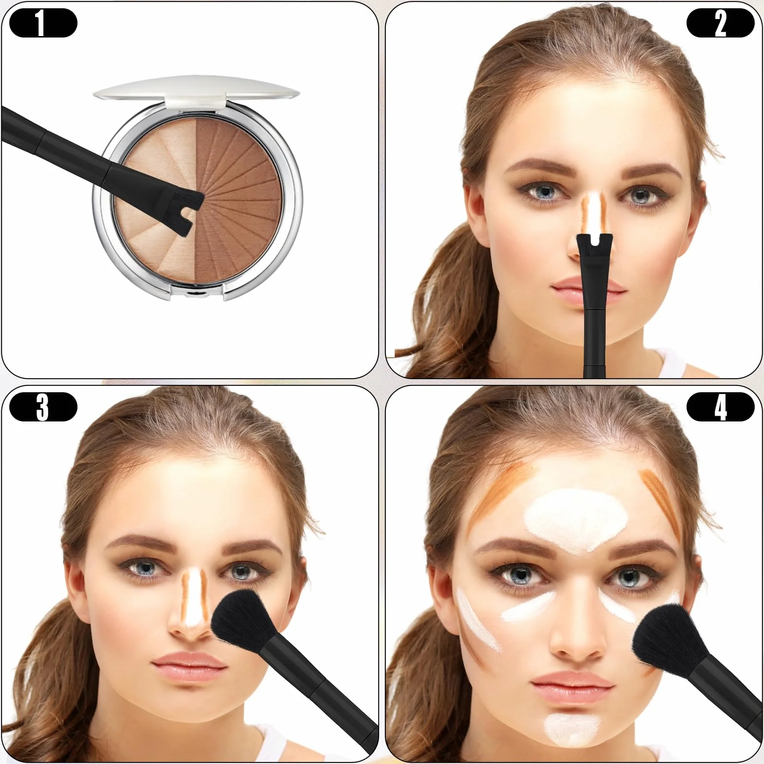 Pedzel konturowania Nosa, Pedzel Modelowania Nosa w Ksztalcie Litery U z Podwójna Koncówka Precyzyjny Puchaty Pedzel 2 w 1 do Rózu, Easy Contour, Beginners, Professional (Wszystkie Czarne)