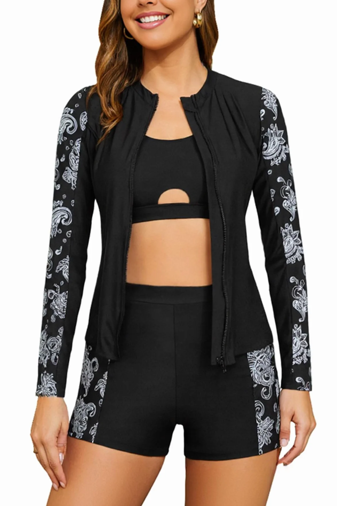 SHEKINI Rash Guard 3-częściowy strój kąpielowy z długim rękawem, z zamkiem błyskawicznym, ochrona przed słońcem, moda kąpielowa, bikini top, szorty kąpielowe