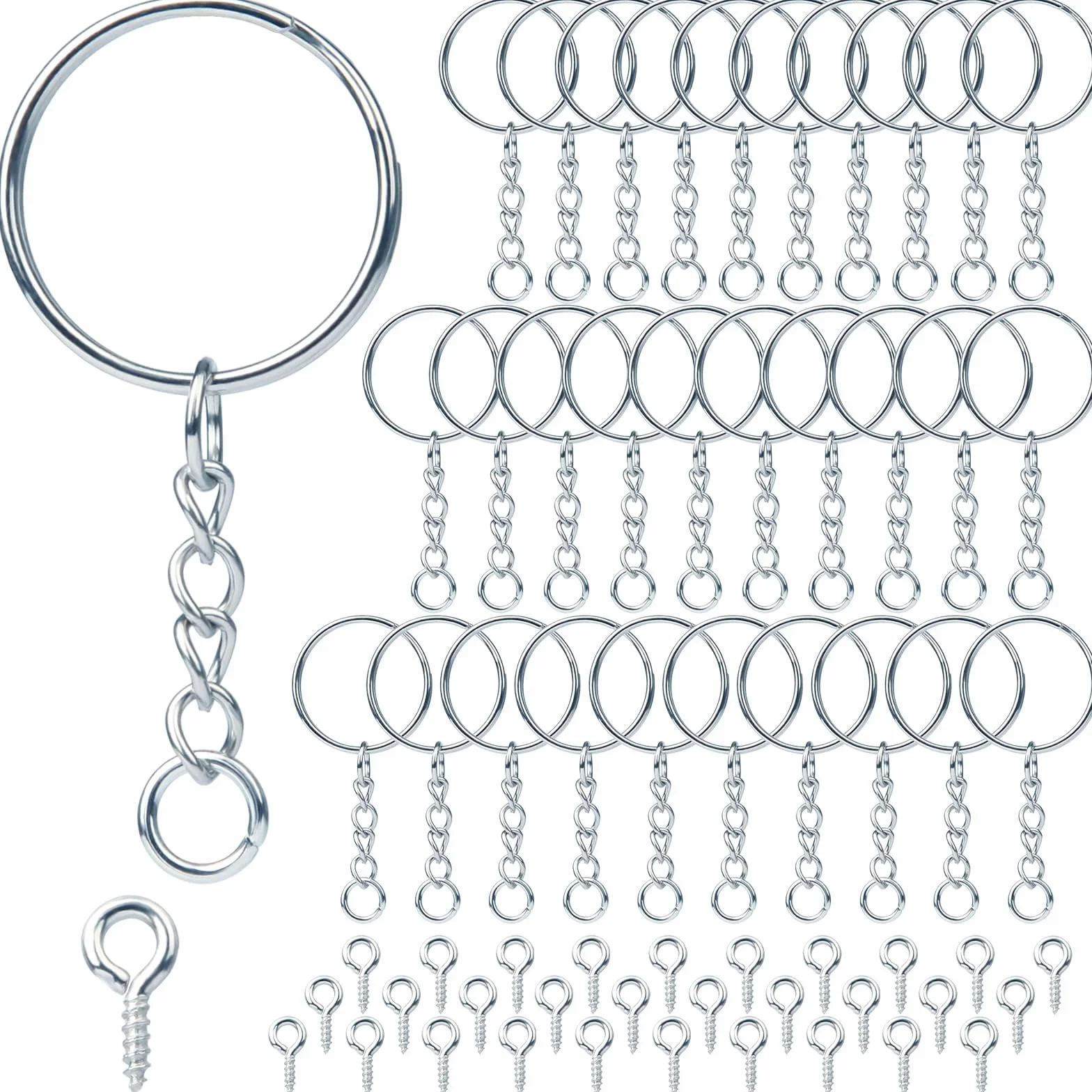 Breloczek do kluczy z łańcuszkiem 170 szt. zestaw do tworzenia breloczków (85 breloczków do kluczy łańcuszek + 85 szpilek) breloczki 25 mm do kluczy torebki DIY do tworzenia biżuterii (srebrne)