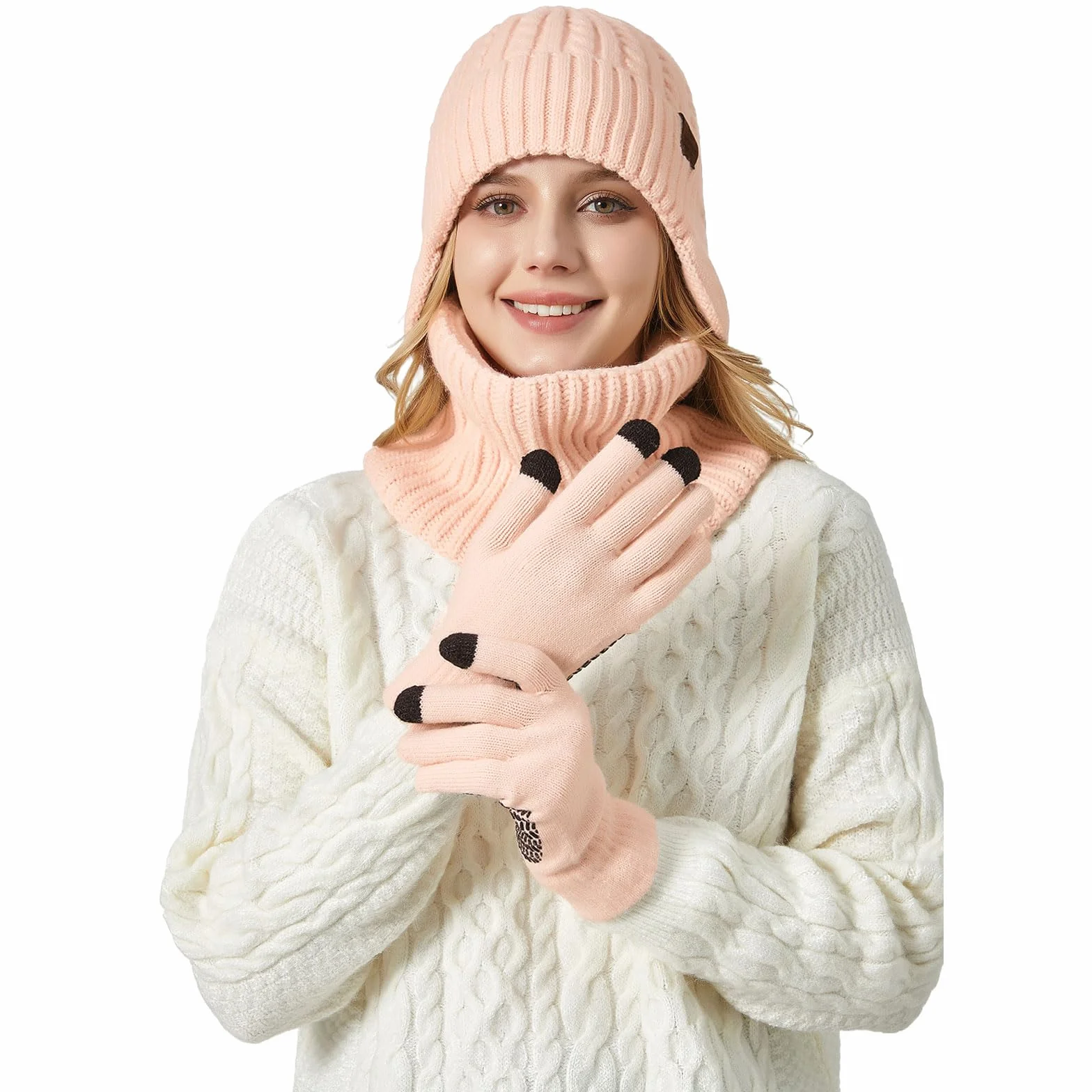 Zimowy dzianinowy ciepły szalik i rękawiczki unisex – czapka beanie z nausznikami, rękawiczki do ekranu dotykowego i ocieplacz na szyję szalik z podszewką polarową dla mężczyzn i kobiet