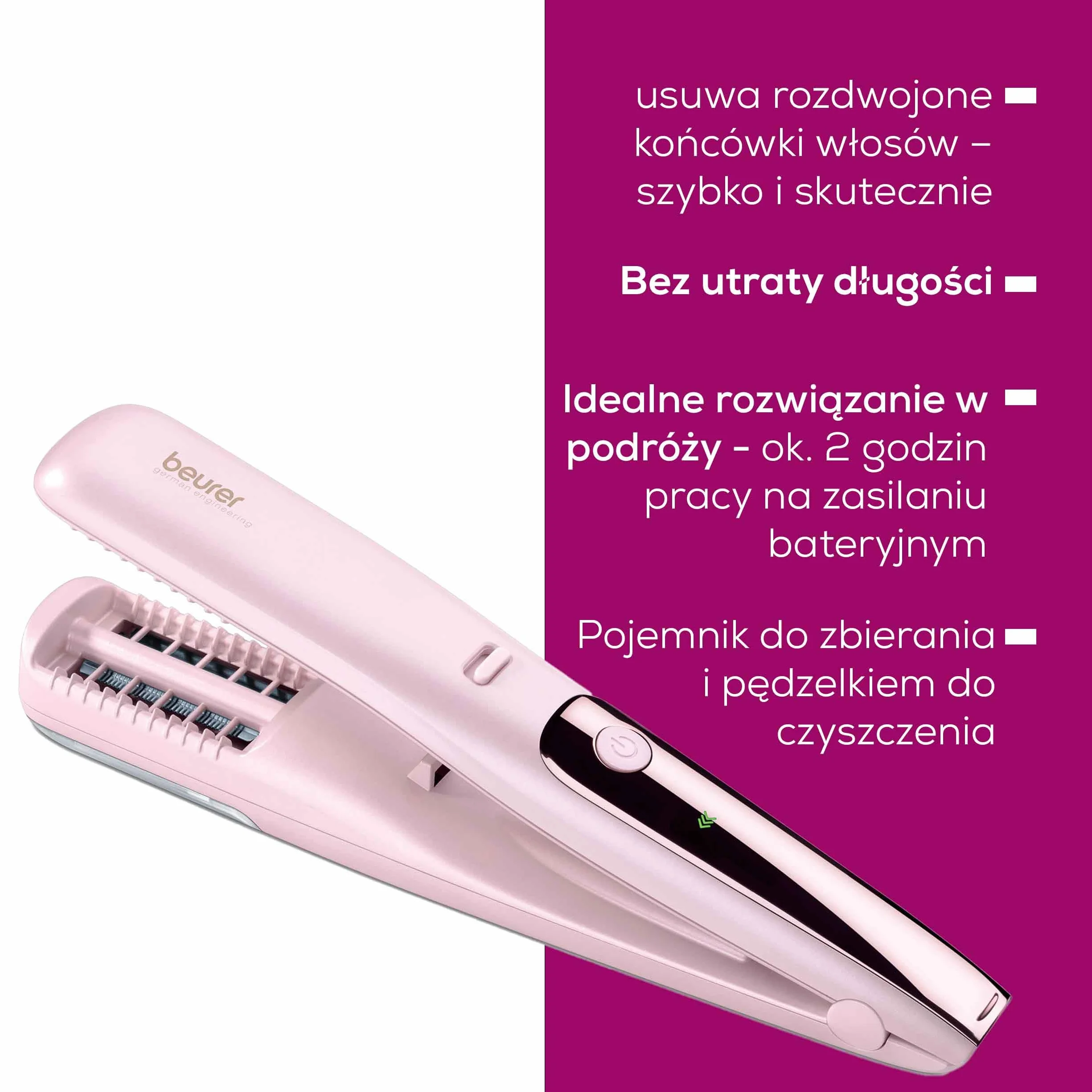 Beurer HT 22 urządzenie do usuwania rozdwojonych końcówek włosów szybko i skutecznie, bez utraty długości dla zdrowych włosów, z wyświetlaczem LED, czas pracy baterii 2 h, różowy