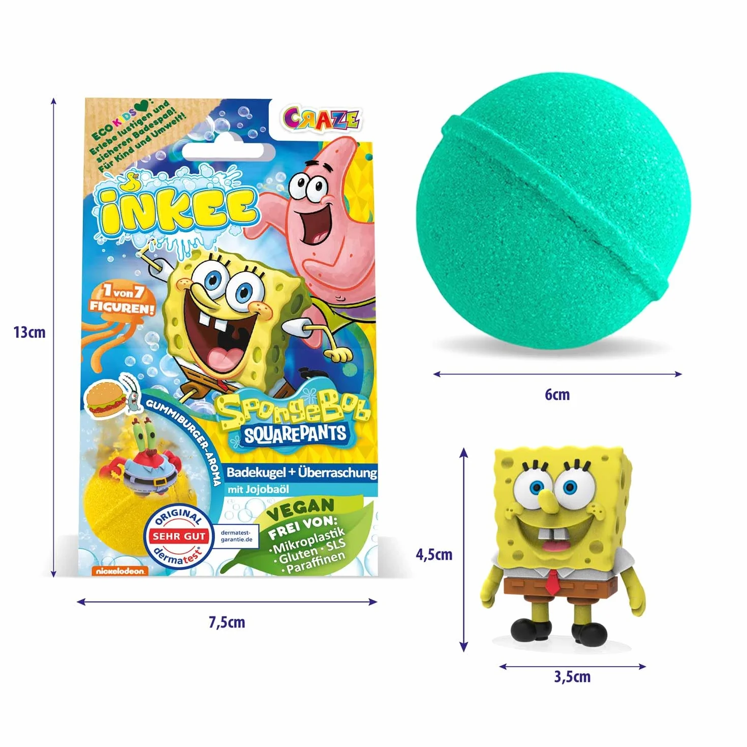 INKEE SpongeBob Zestaw 3 Sztuk – Bomby do Kąpieli dla Dzieci z Niespodzianką – Figurki SpongeBoba Kanciastoportego do Kolekcjonowania – 3x Kule 80g z Aromatem Burger-Gumy