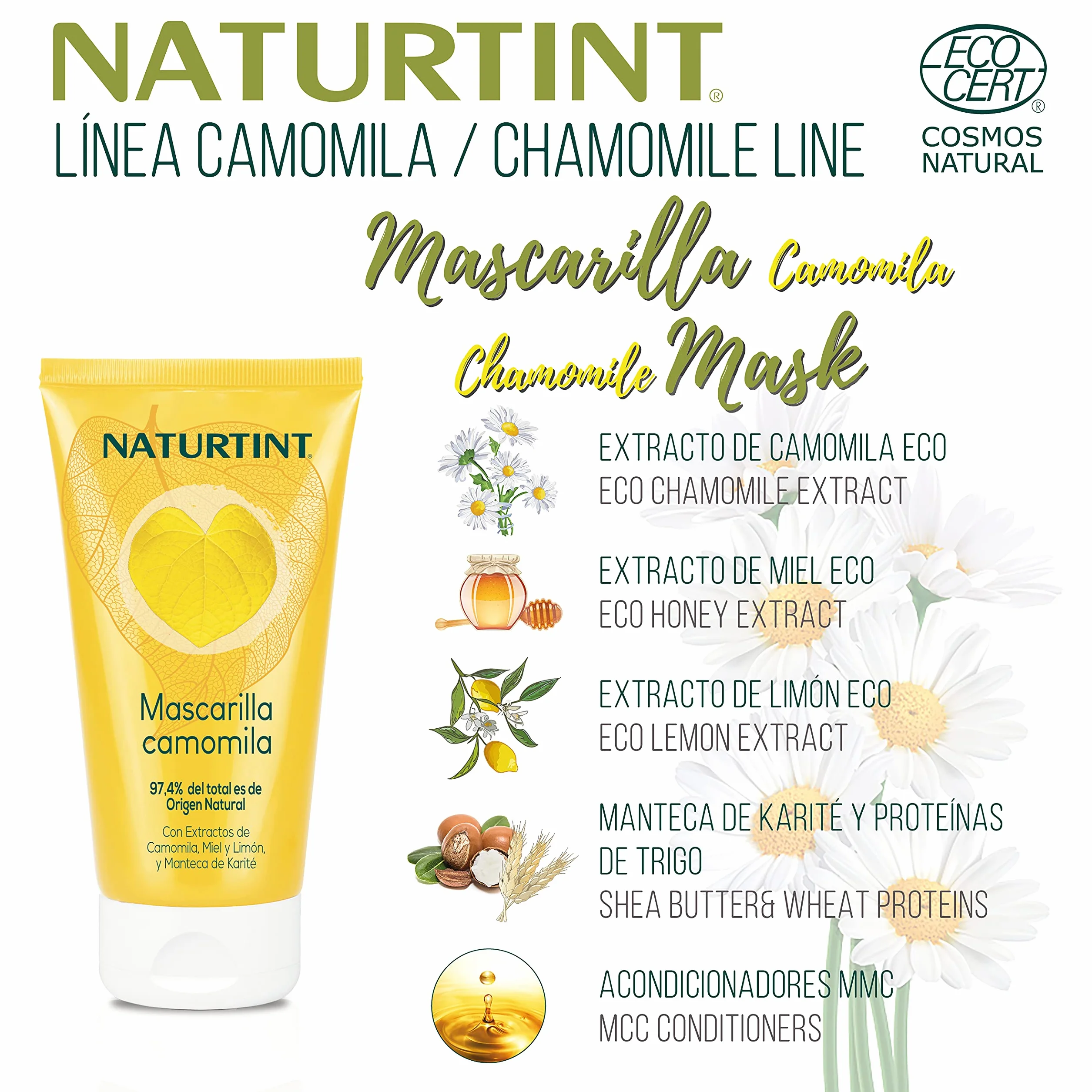 Naturtint Maska rumiankowa, progresywnie rozjaśnia blond włosy, zapewnia intensywne złote odbicia, odżywka i rozczesywanie, przeciw puszeniu się, 97,8% naturalnych składników, 150ml