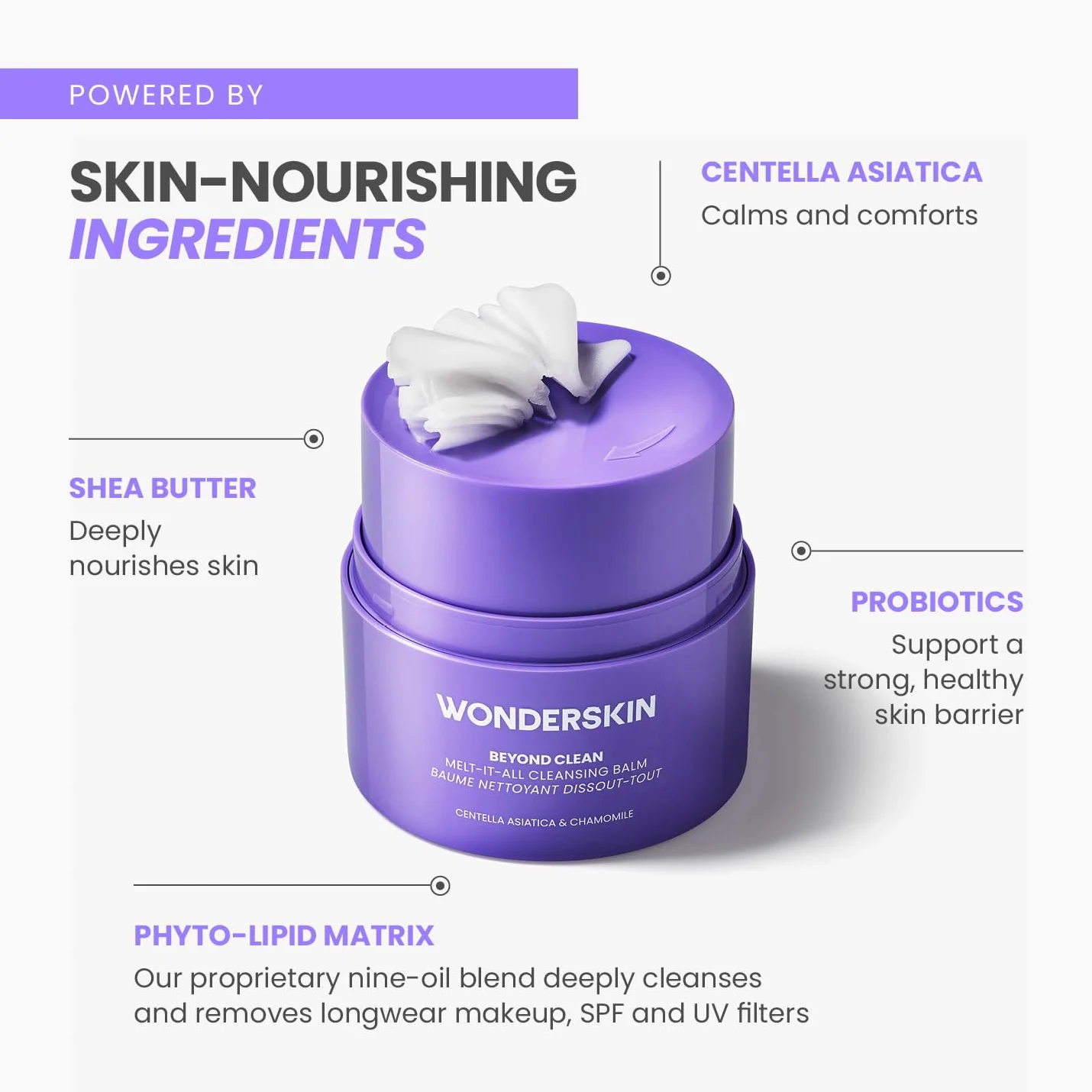 Wonderskin Cleansing Balm - Melt It All Balm to Milk Mleczko do demakijażu, delikatnie nawilżający płyn do mycia twarzy z wąkrotką azjatycką i rumiankiem