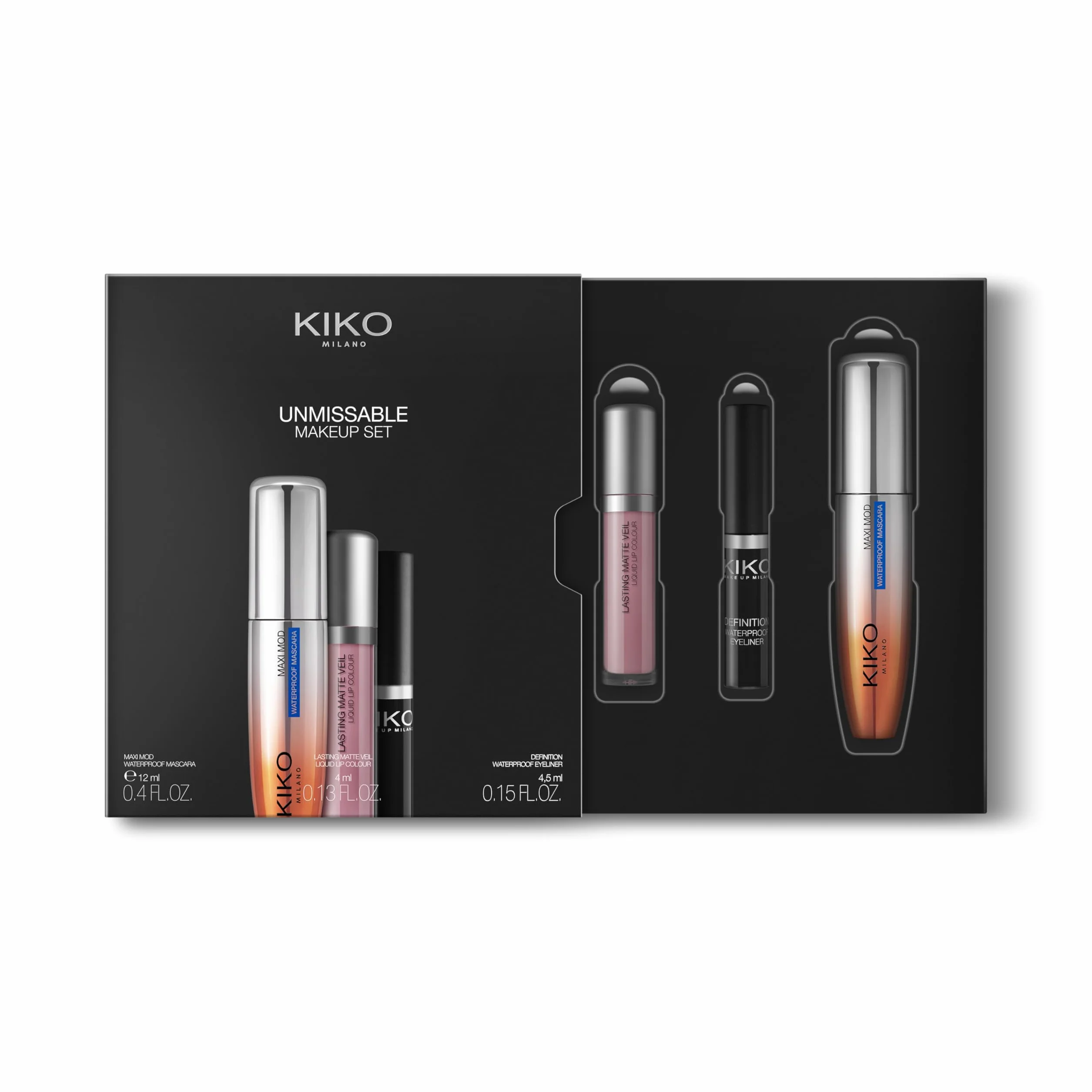 KIKO Milano Unmissable Makeup Set, Zestaw Do Makijażu Z Tuszem Do Rzęs, Wodoodpornym Eyelinerem I Matową Pomadką W Płynie