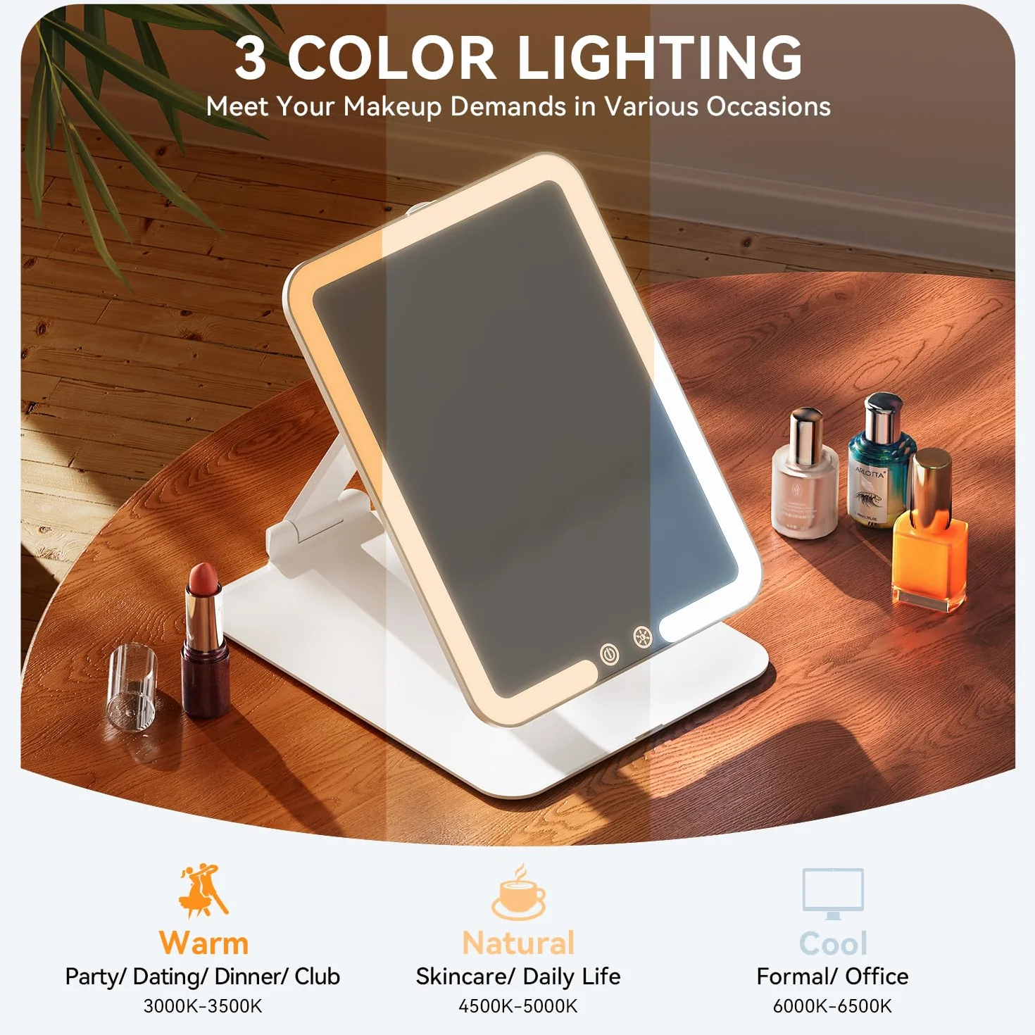 Lustro kosmetyczne Auxmir 30X z oświetleniem, 2000 mAh akumulatorowe lusterko do makijażu z 3 kolorami światła, składane lusterko powiększające 30x z oświetleniem, lusterko podróżne LED, lusterko stoł