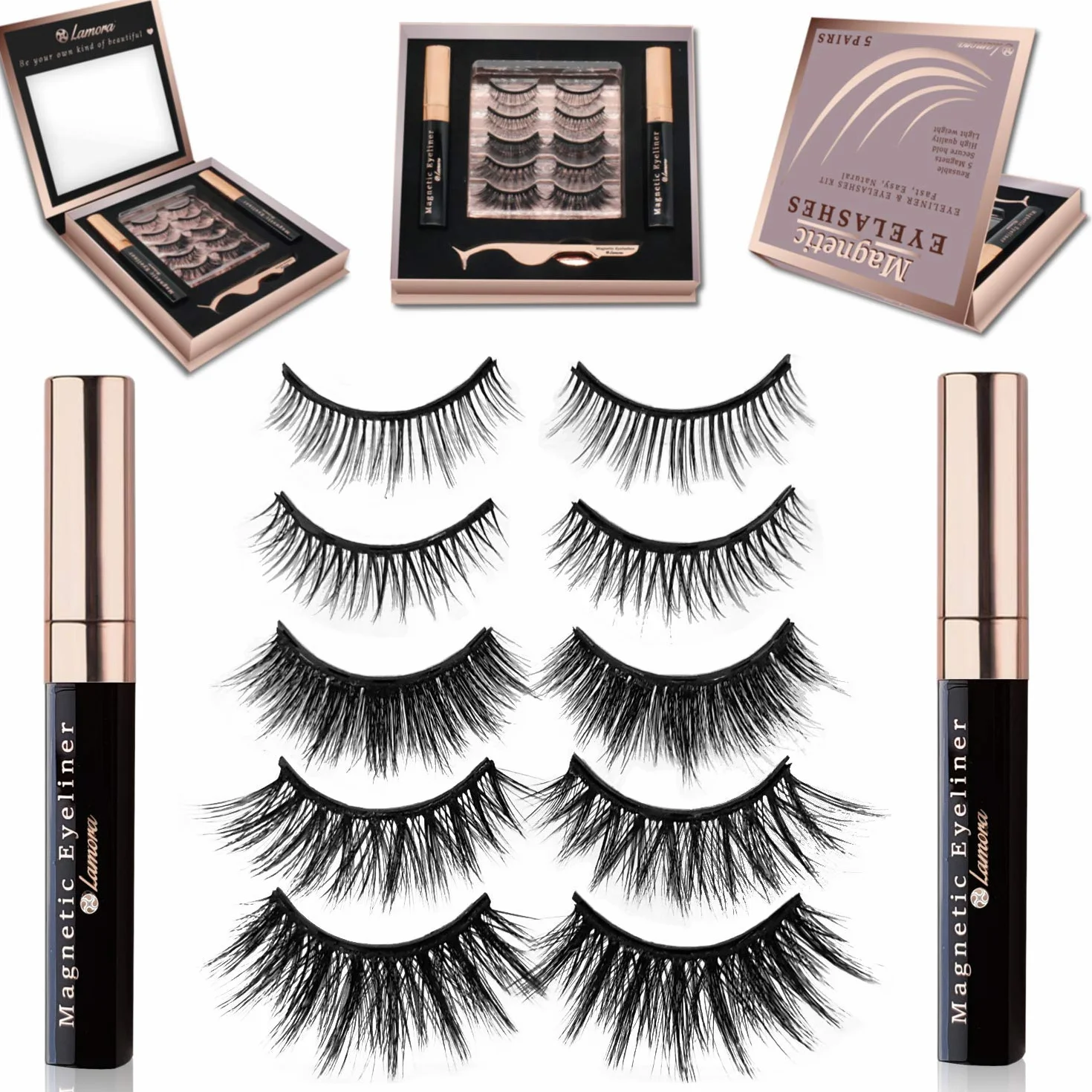 Zestaw sztucznych rzęs magnetycznych, magnetyczne rzęsy z eyelinerem, naturalne, do wielokrotnego użytku, w zestawie lusterko, szczypce do rzęs i opakowanie na prezent
