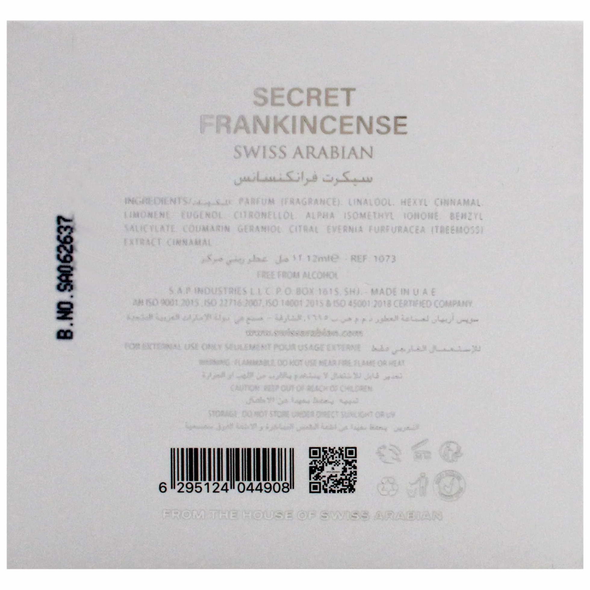 Swiss Arabian Secret Frankincense skoncentrowany olejek zapachowy, uniseks, 12 ml, majestatyczne kadzidło z różą, jaśminem i oudem – ponadczasowa złota aura