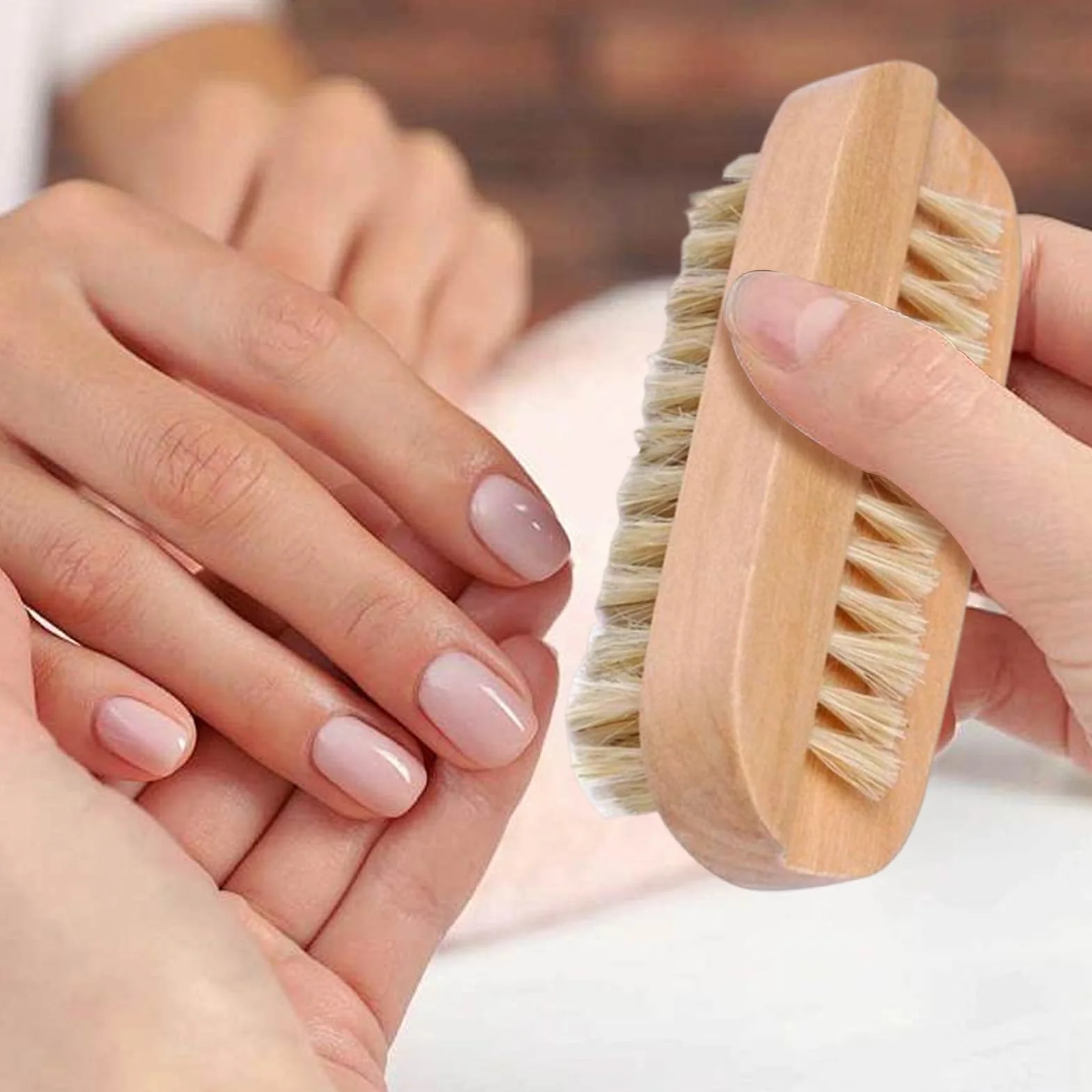 Szczotka do paznokci, 2-stronna drewniana szczotka do czyszczenia paznokci z włosiem dzika, 9,8 x 3,5 x 4 cm, peeling do manicure i pedicure, do salonu, spa, domu, łazienki, dorosłych