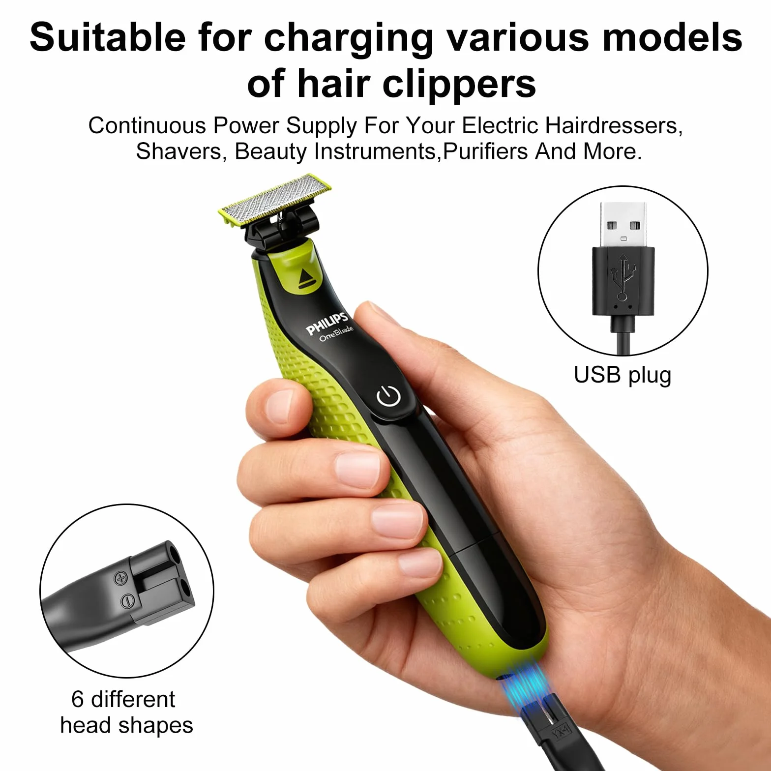Flintronic Uniwersalny przewód USB, kabel ładujący 5V z 6 złączami, zasilacz ładowarka do Philips Norelco 7000/5000/3000/QT/QS/AT/PT/QG/BG/HQ/RQ/XL/XLCC/X/HS/QC Seria, kabel do golarki