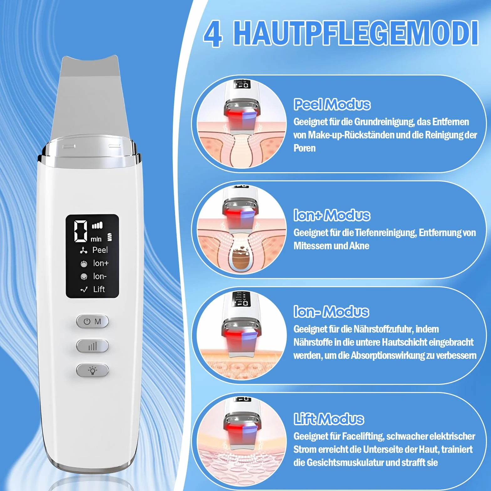 Ultrasonic Skin Scrubber Pore Cleaner z 4 trybami pracy i czerwonym niebieskim światłem