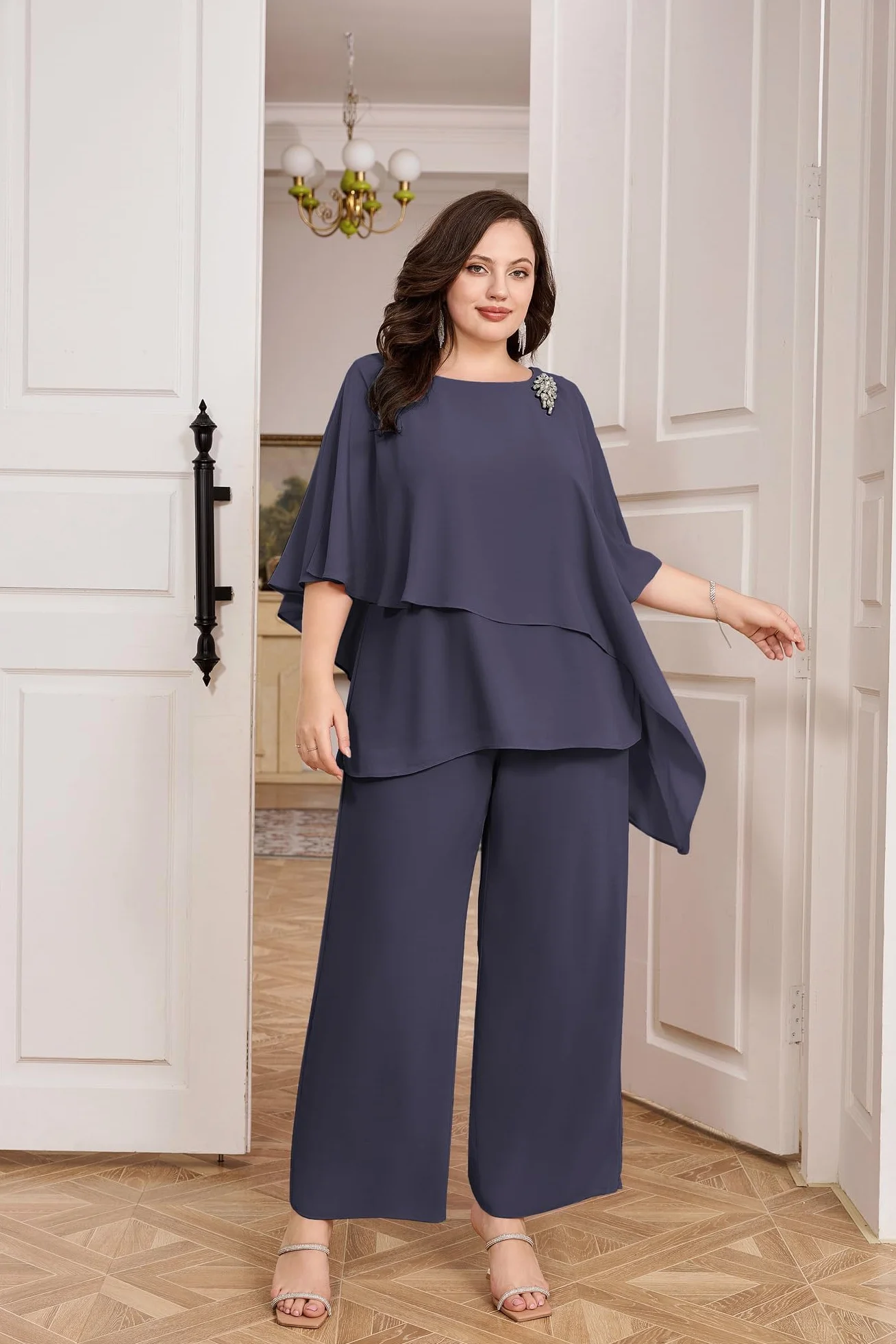 Hanna Nikole Damskie eleganckie zestawy garniturów wieczorowych plus size, 2-częściowy zestaw, przyjęcie koktajlowe, odświętne spodnie, dwuczęściowy strój szyfonowy, koszula i spodnie z wysokim stanem