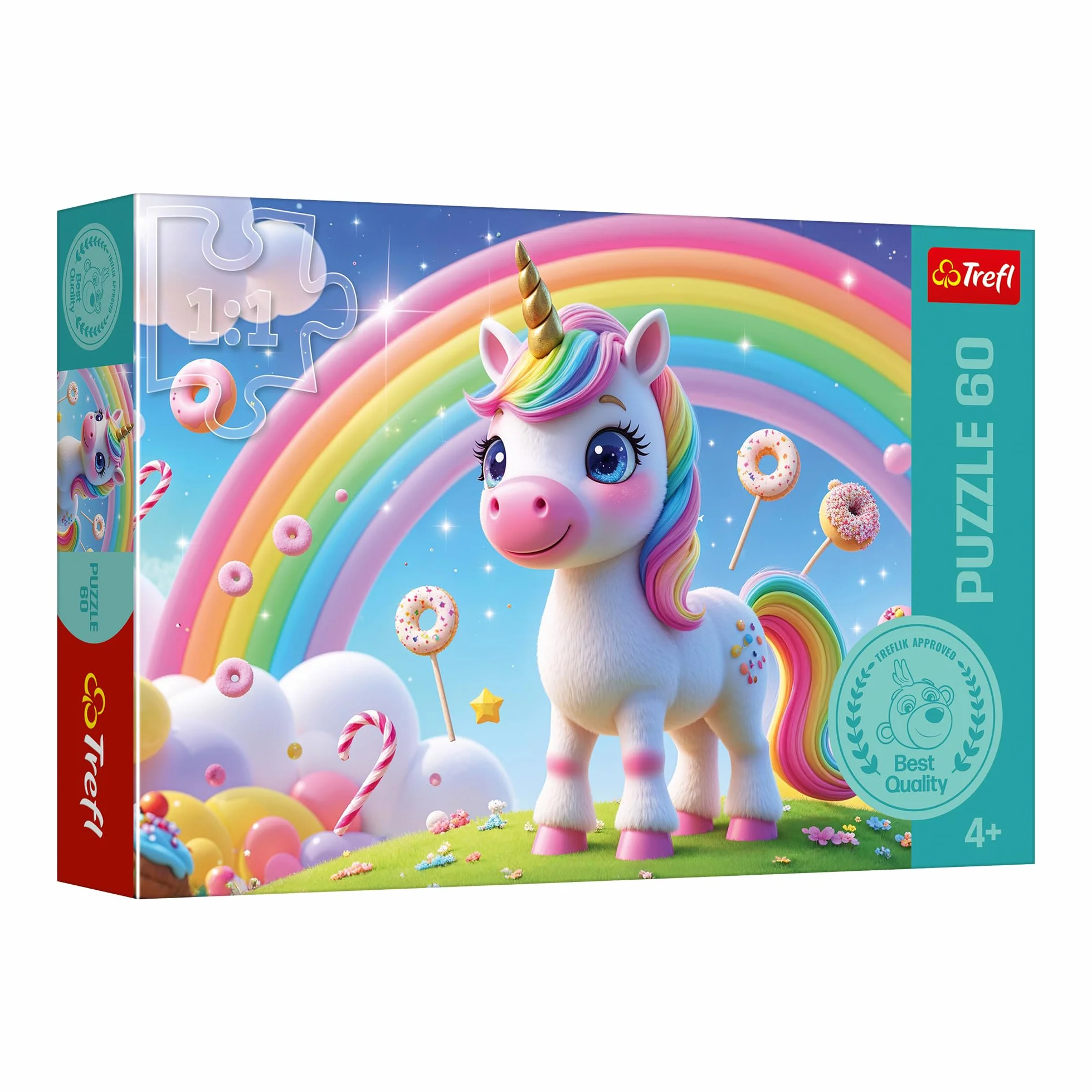 Trefl - The Treflik Family, Cukierkowy Świat - Puzzle 60 Elementów - Kolorowe Puzzle z Jednorożcem, Rozrywka, Zabawa dla Dzieci od 4 lat