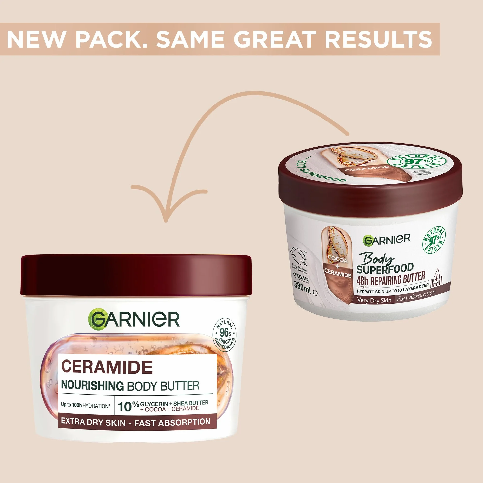 Garnier Body Superfood środek do pielęgnacji ciała 48h regenerujące masło do ciała z masłem kakaowym i ceramidami, 380 ml