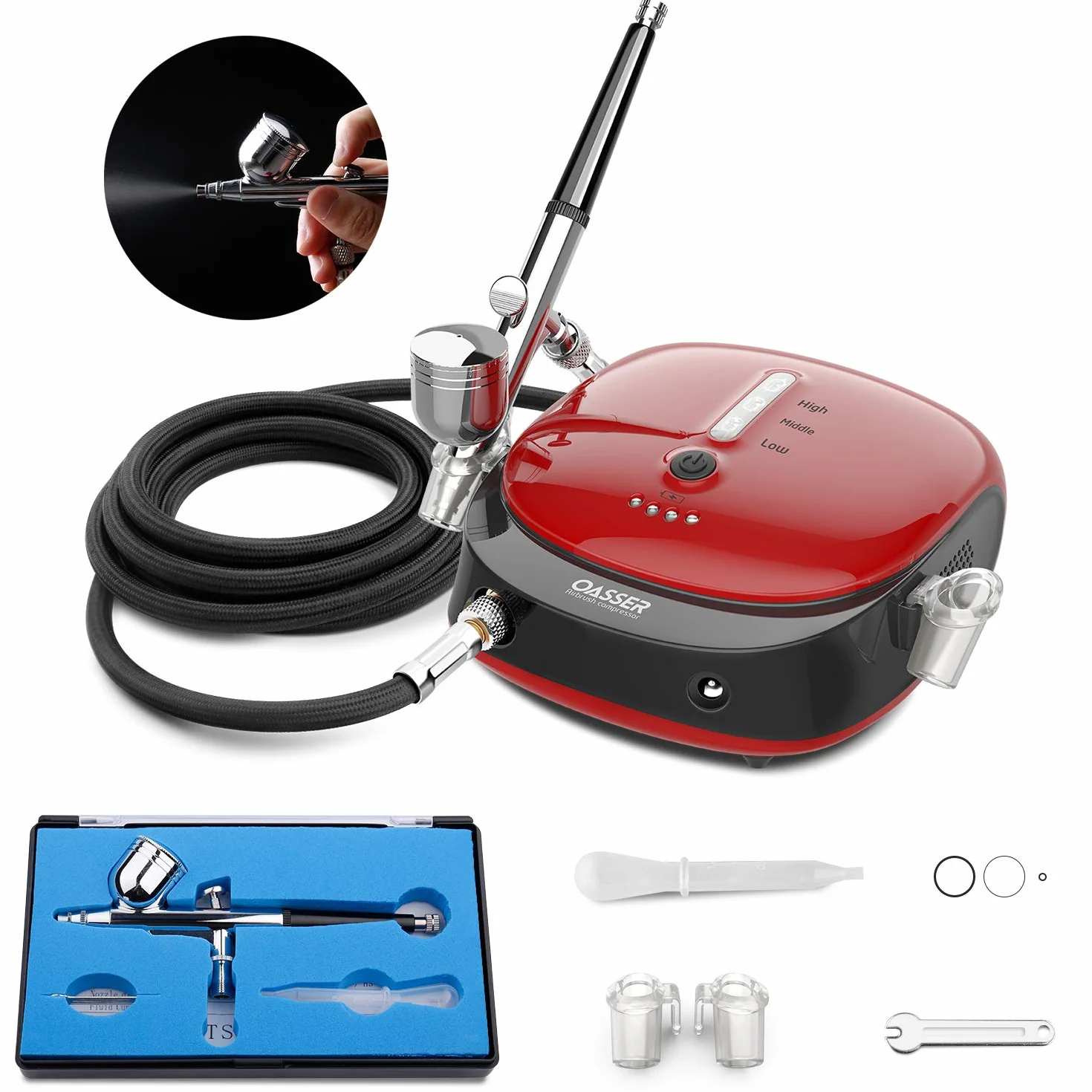 Oasser Aerograf Dual Action z Kompresorem 1000mAh - 3 Tryby Ciśnienia 2-15 PSI, Ładowanie w Czasie Użytkowania, Cichy, Bezpieczny, Do Makijażu/Modeli/Dekoracji