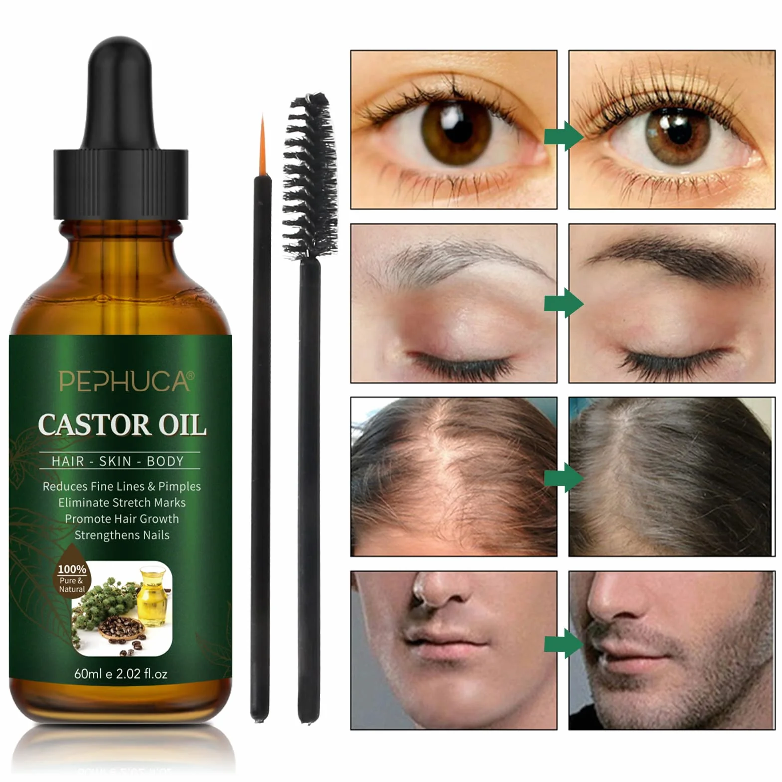 Olej rycynowy – Bio Castor Oil do włosów, rzęs, brwi, brody, paznokci, 100% czysty i naturalnie tłoczony na zimno, stosowany do wzrostu włosów, krem nawilżający i serum do rzęs, 60 ml