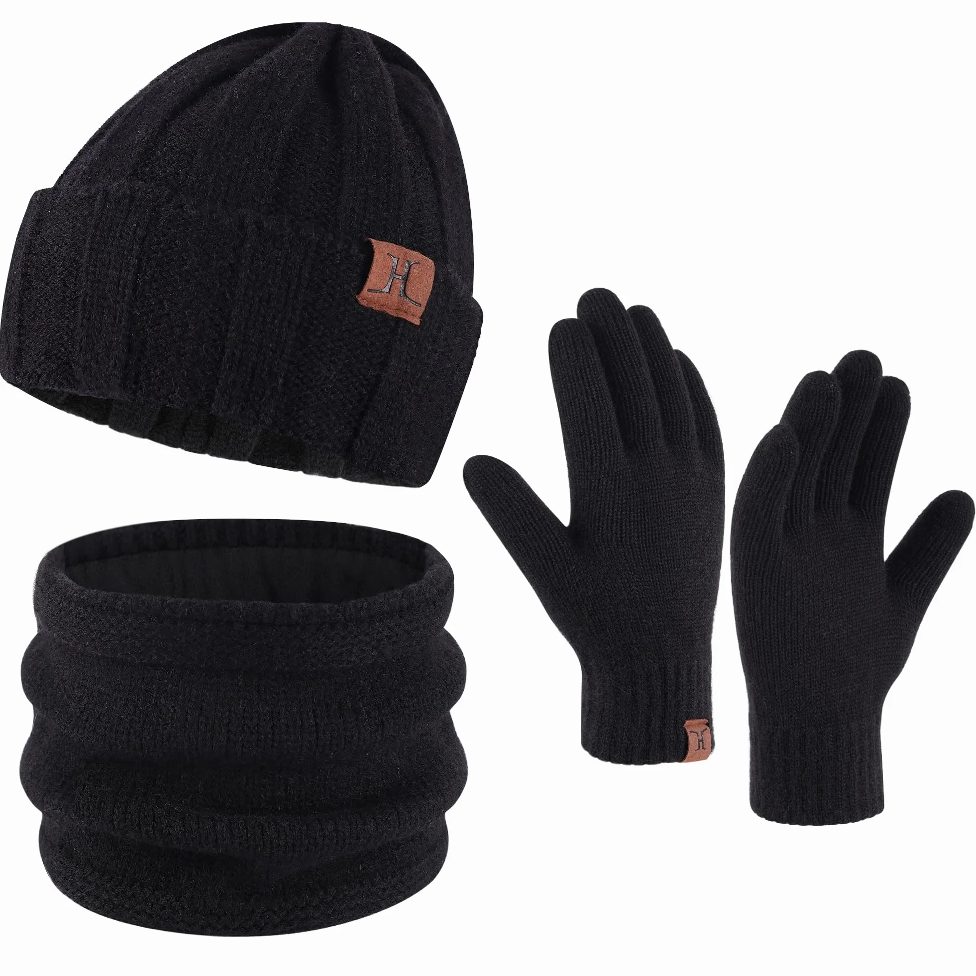 Bequemer Laden Męska zimowa ciepła czapka beanie, szal i ekran dotykowy, zestaw rękawiczek z polarem, czapka zimowa, komin, rękawiczki zimowe, czarny, jeden rozmiar