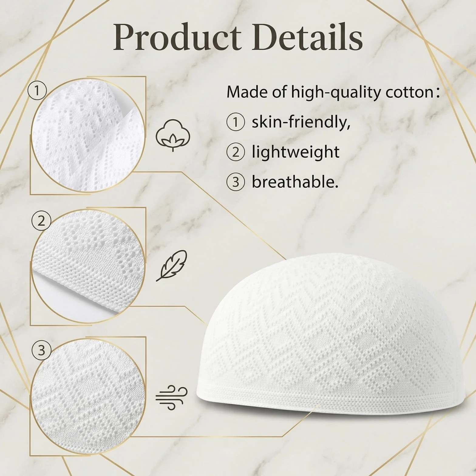 Muzułmańska czapka męska Kufi, 3 sztuki, czapka modlitewna z bawełny, biała, obwód głowy 55-59 cm, taqiyah Kufi Cap z kwadratowym wzorem, lekka, oddychająca czapka z daszkiem