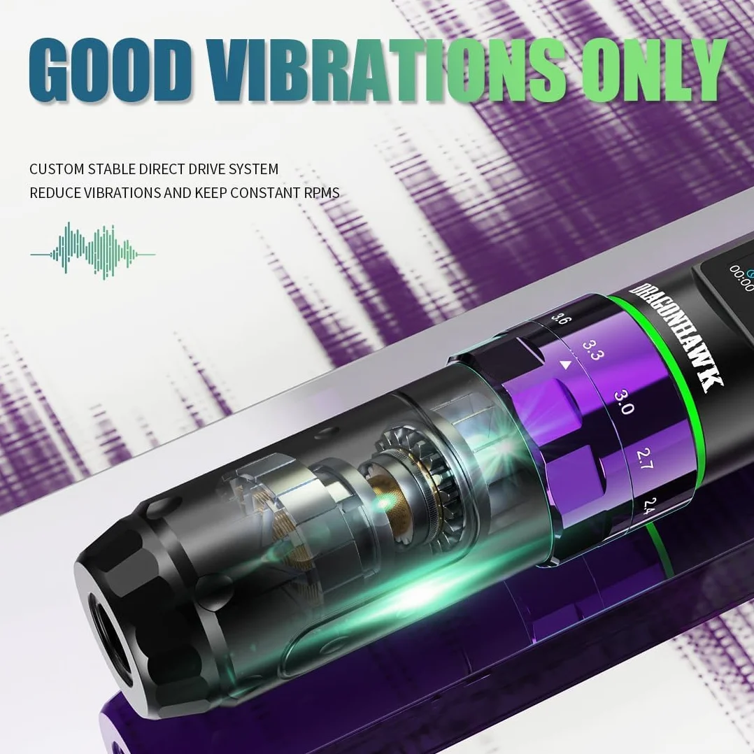 Dragonhawk L3 Wireless Tattoo Machine Pen Rotary Tattoo Gun 2000mAh 2.8mm-4.2mm Stroke 2 Batteries Purple