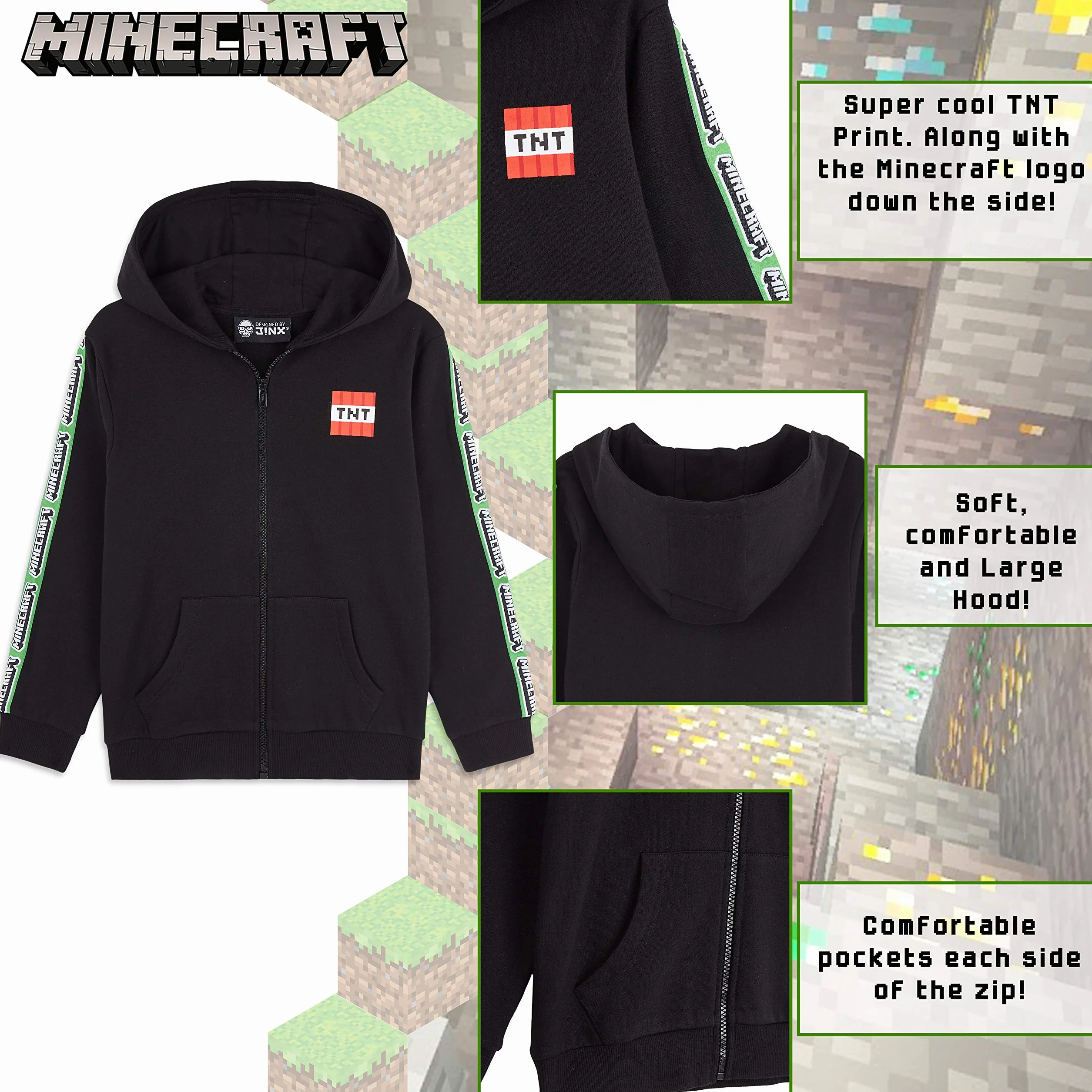 Minecraft Bluza z kapturem dla chłopców, bluza z kapturem z zamkiem błyskawicznym, wygodna, długa bluza z długim rękawem i kapturem, prezenty dla graczy, dla chłopców, dziewcząt, nastolatków w wieku 5–14 lat