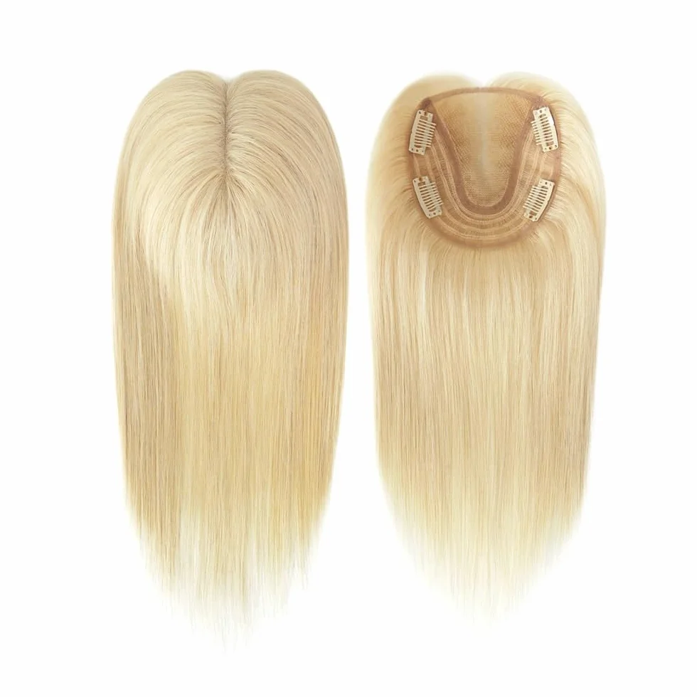 Topper z prawdziwych włosów 30 cm dla kobiet, prawdziwe ludzkie włosy, bez grzywki, 4 x 15,5 cm, dla kobiet z przerzedzającymi się włosami (blond)