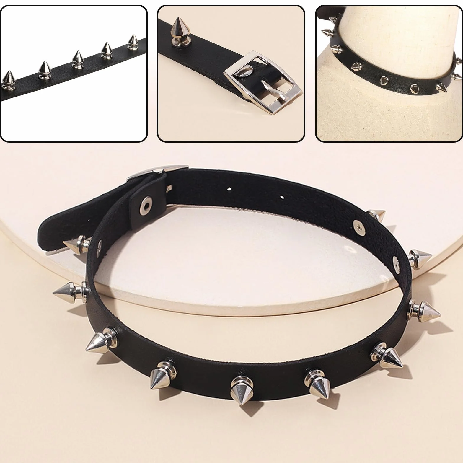 Skórzany choker w kształcie serca, czarny ćwikowy naszyjnik z ćwiekami, regulowany, PU, Jeden rozmiar