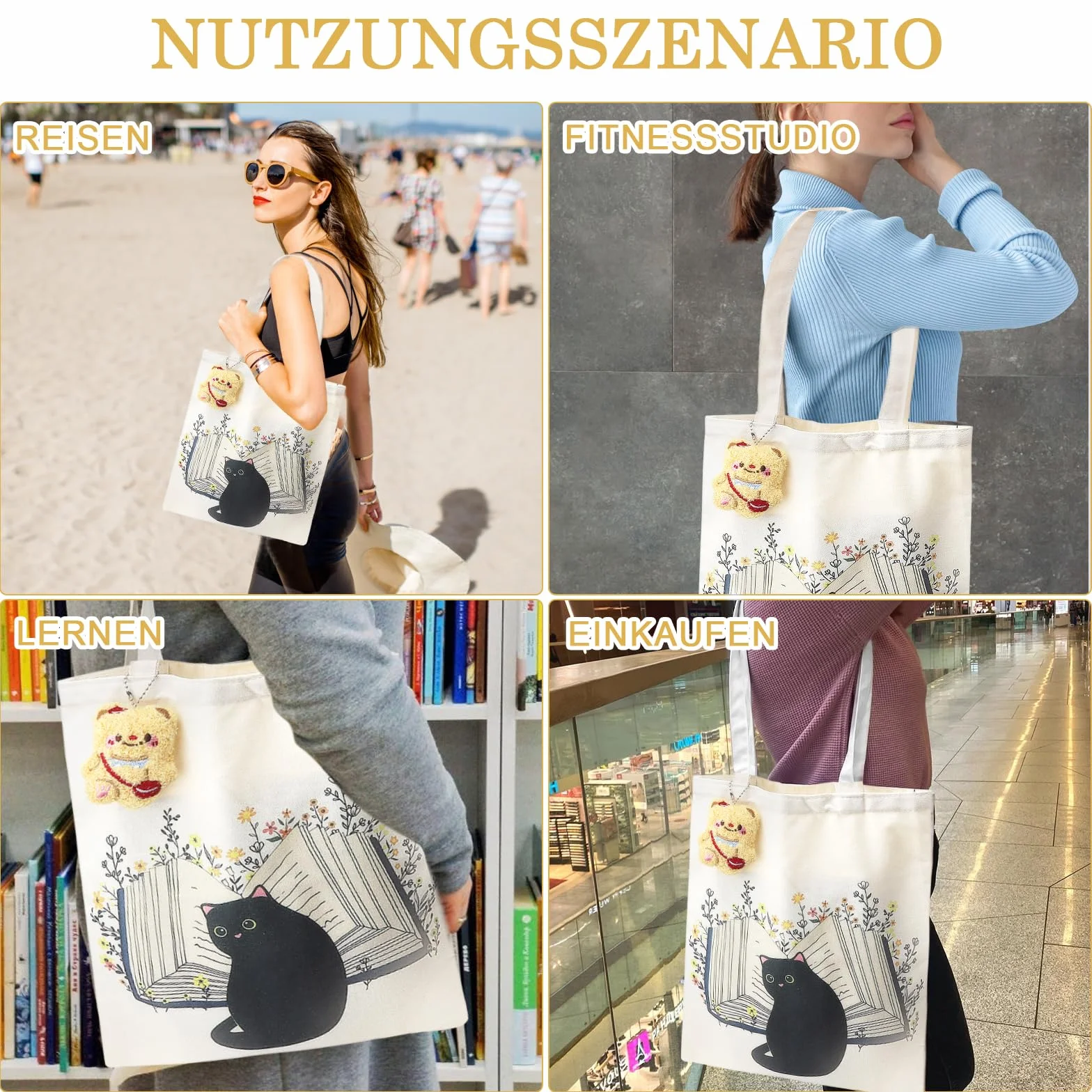 HENGBIRD Prezenty dla miłośników kotów z zawieszką w kształcie misia, czarny kot, torba materiałowa, z nadrukiem, składana torba na zakupy, torba jutowa, damska, Aesthetic Canvas torebka dla kobiet