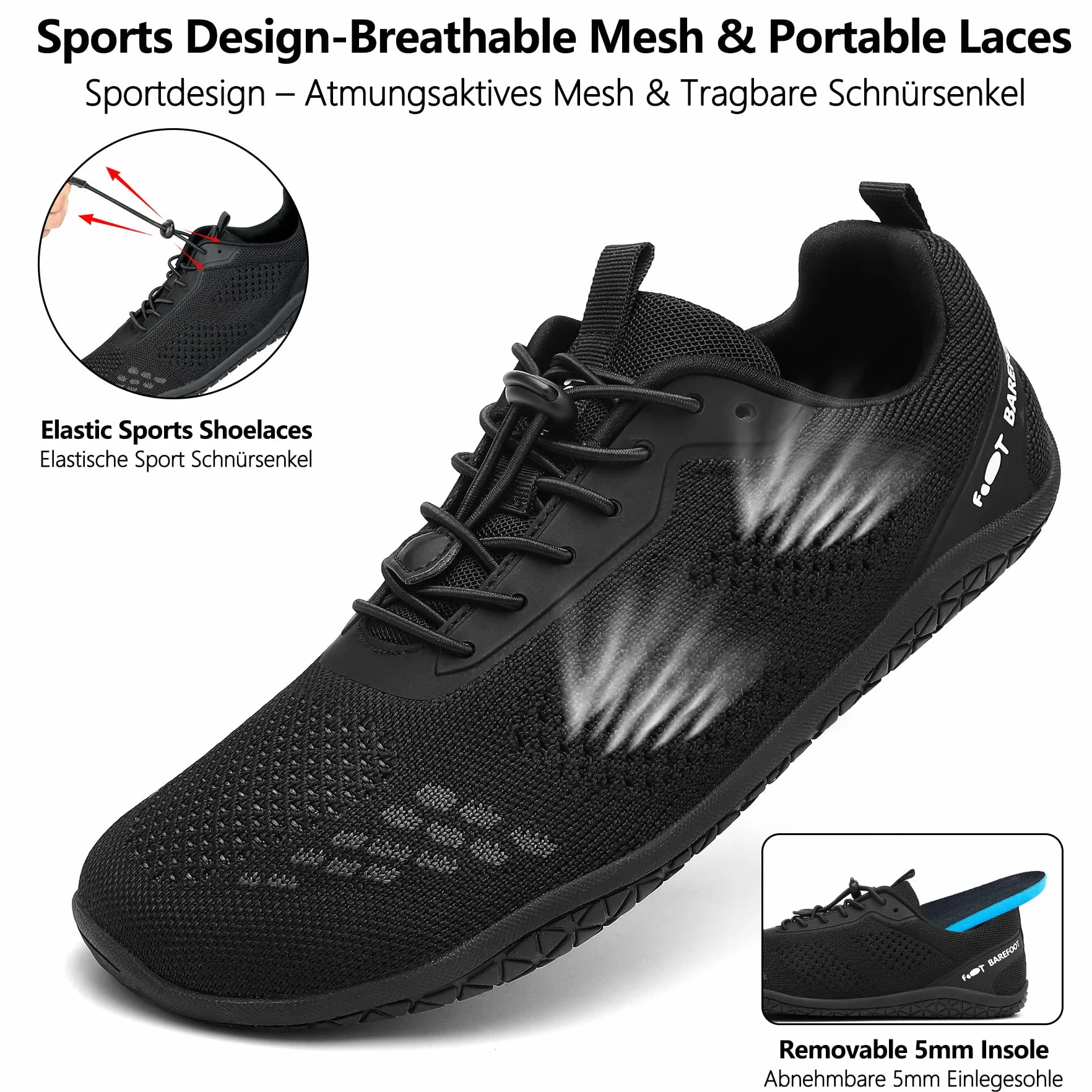 Geweo Buty Barefoot Męskie i Damskie Lekkie Wygodne Buty Sportowe Treningow z Szeroką Skrzynią na Palce Oddychające Buty do Biegania, do CrossFit i Fitness, Świeżym Powietrzu Sport Unisex Czarny 45EU