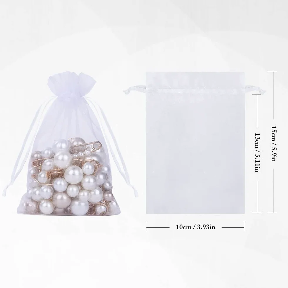 Aucuu Woreczki z organzy, 105 sztuk, małe, 10 x 15 cm, na wesele, biżuterię, cukierki, prezent ślubny, dla gości, na imprezę z okazji narodzin dziecka, Boże Narodzenie, jubileusz, białe
