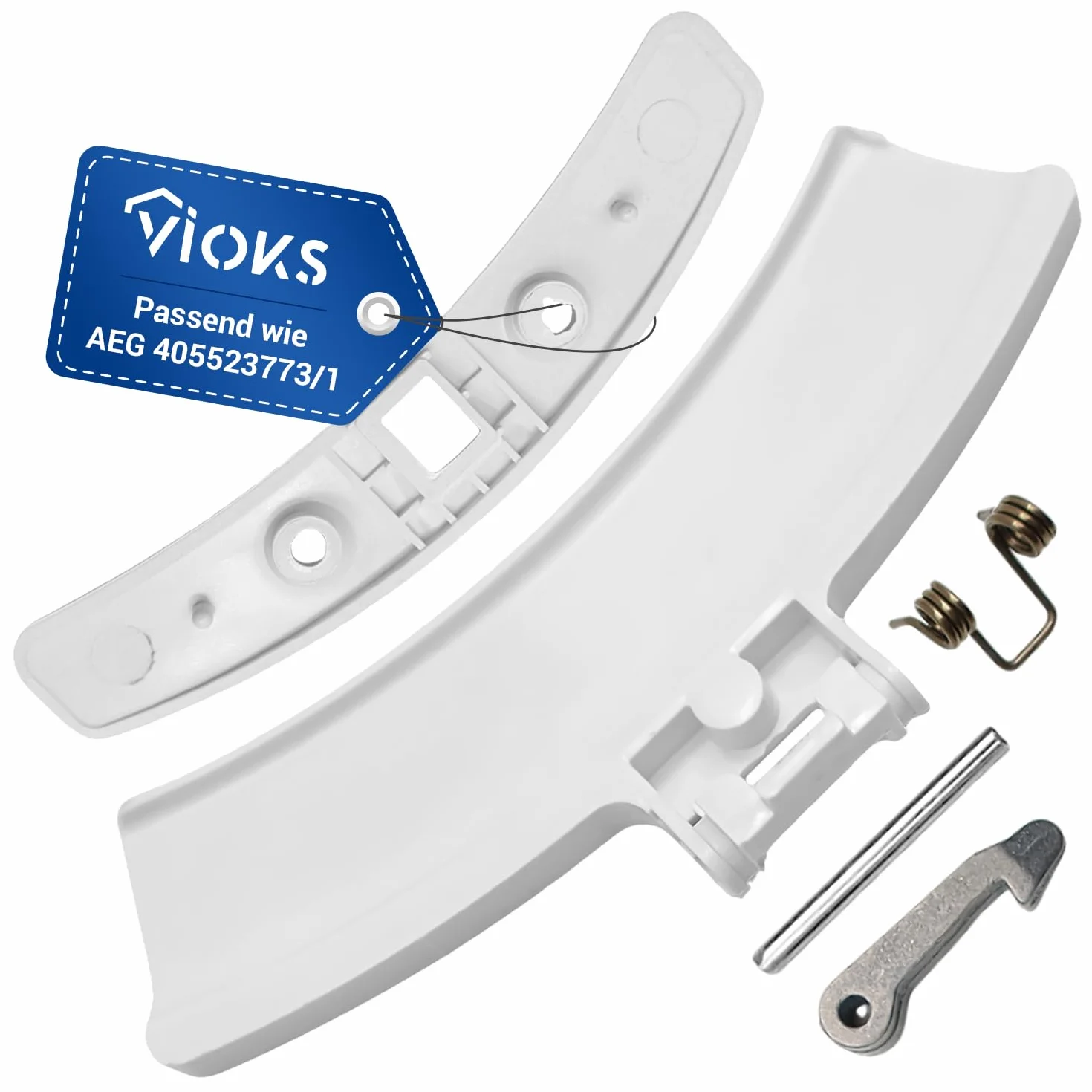 VIOKS Klamka drzwiowa z tworzywa sztucznego zamiennik do AEG 405523773/1 4055237731 405512363/4 4055123634 uchwyt suszarki, biały, zestaw z nasadką zamykającą, sprężyną do suszarki bębnowej