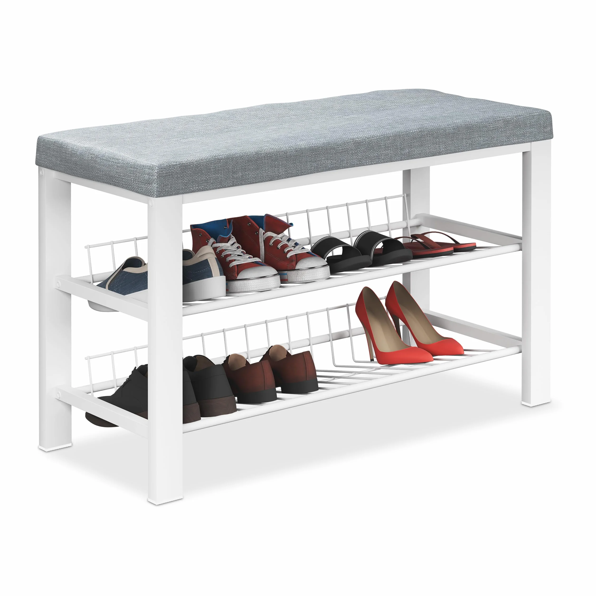 Relaxdays Ławka na buty, ławka tapicerowana z półką na buty, 2 poziomy na buty, (wys. x szer. x gł.): 50,5 x 82 x 33 cm, materiał i metal, szaro-biała