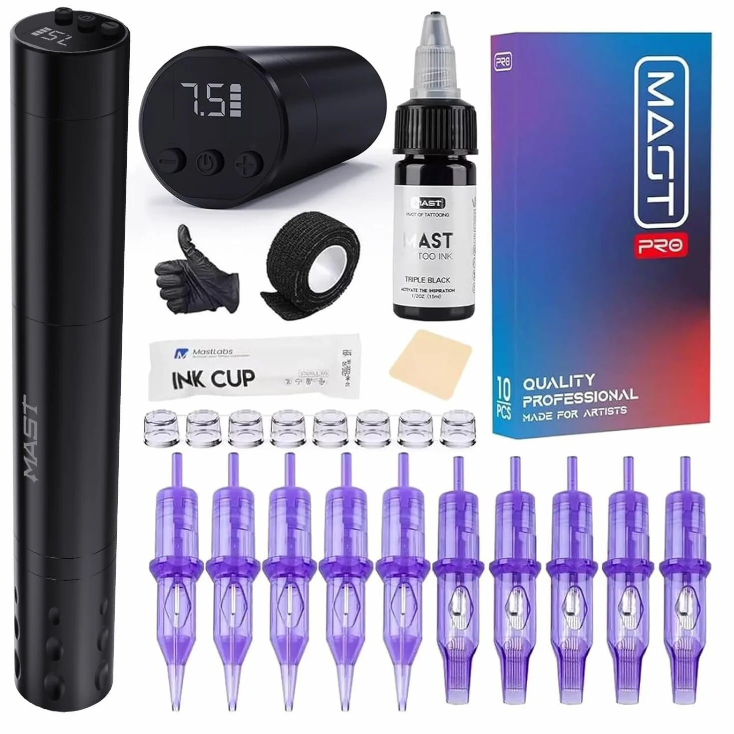 Mast Wireless Tattoo Kit, Tour Fly Slim Wireless Rotary Tattoo Pen Machine, Power Motor by Mcore-A, 10 Count Pro Tattoo Cartridges, Cordless 2 Batteries Replaceble for Eyebrow Eyeliner Lip (black)