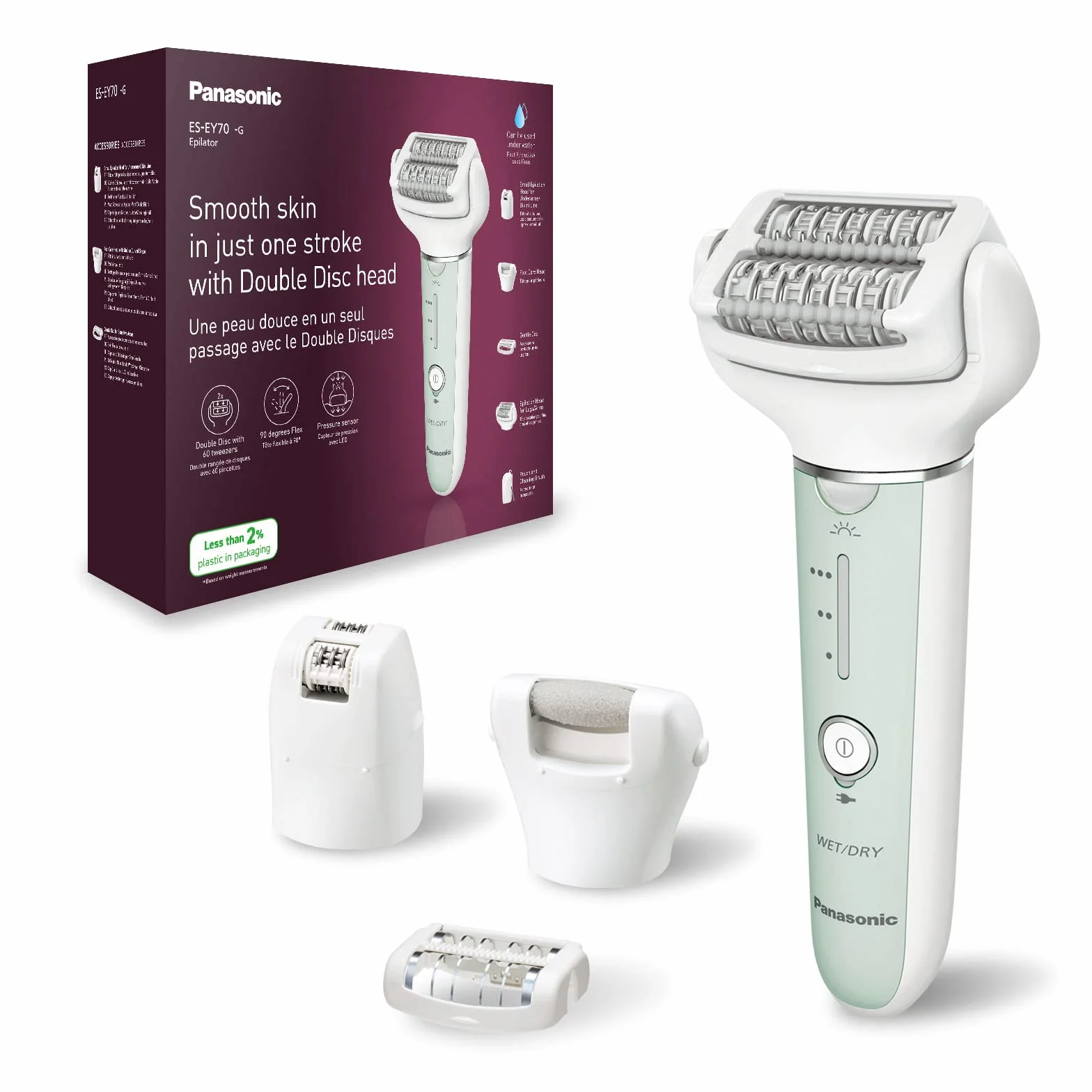 Panasonic ES-EY70-G503 Depilator mokry i suchy, podwójny dysk z 60 pincetami, elastyczna głowica obrotowa 90 °, 3 ustawienia prędkości i światło LED, czas pracy 30 minut, pielęgnacja stóp.