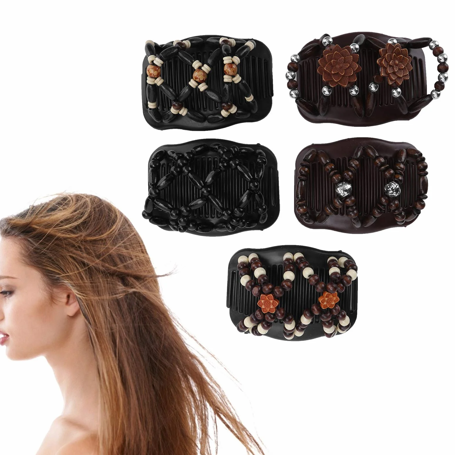5 szt. podwójne spinki do włosów, Magic Hair Comb, podwójny grzebień do włosów, drewniane koraliki podwójny grzebień do włosów elastyczny klips damskie akcesoria do włosów, narzędzia do stylizacji