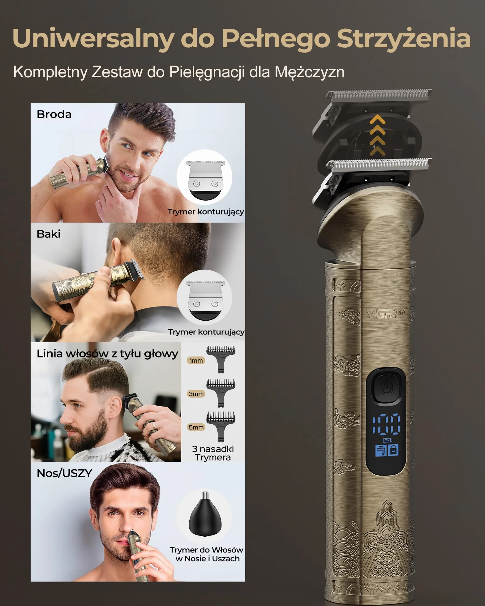 VGRPRO Maszynka do strzyżenia włosów dla mężczyzn profesjonalny, bezprzewodowa maszynka elektryczna do włosów męska z ostrzem w kształcie litery T,zestaw maszynka i trymer do włosów (Złoty)
