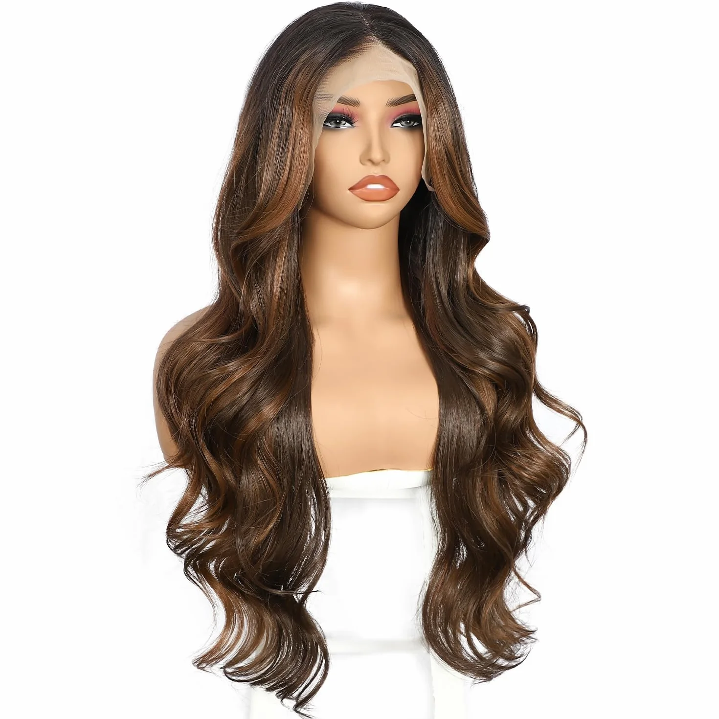 Sapphirewigs Brązowa koronkowa peruka z przodu 13x4 syntetyczna fala balejaż