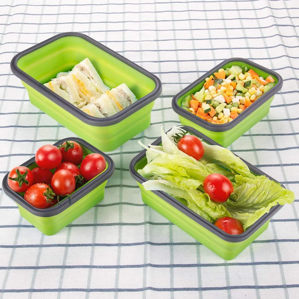 Silikonowy Składany Pojemnik na Lunch 4 pak silikonowe pudełko na lunch pudełko piknikowe na zewnątrz, oszczędność miejsca (Zielony o2)