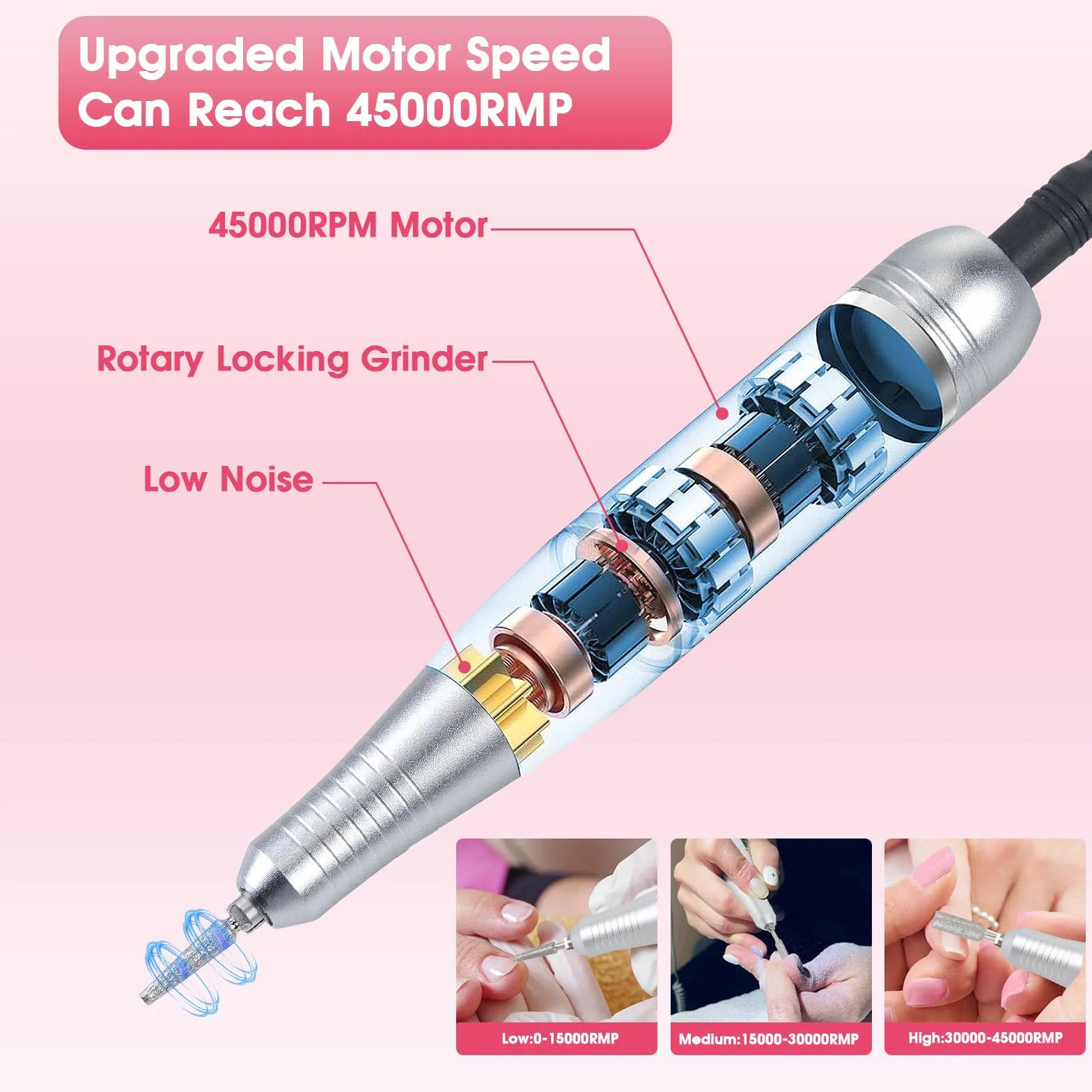 Elektryczna frezarka do paznokci, 45 000 obr./min, elektryczny pilnik do paznokci żelowych, ładowany, przenośny zestaw do manicure, elektryczny, 2000 mAh, USB, elektryczny pilnik do paznokci żelowych