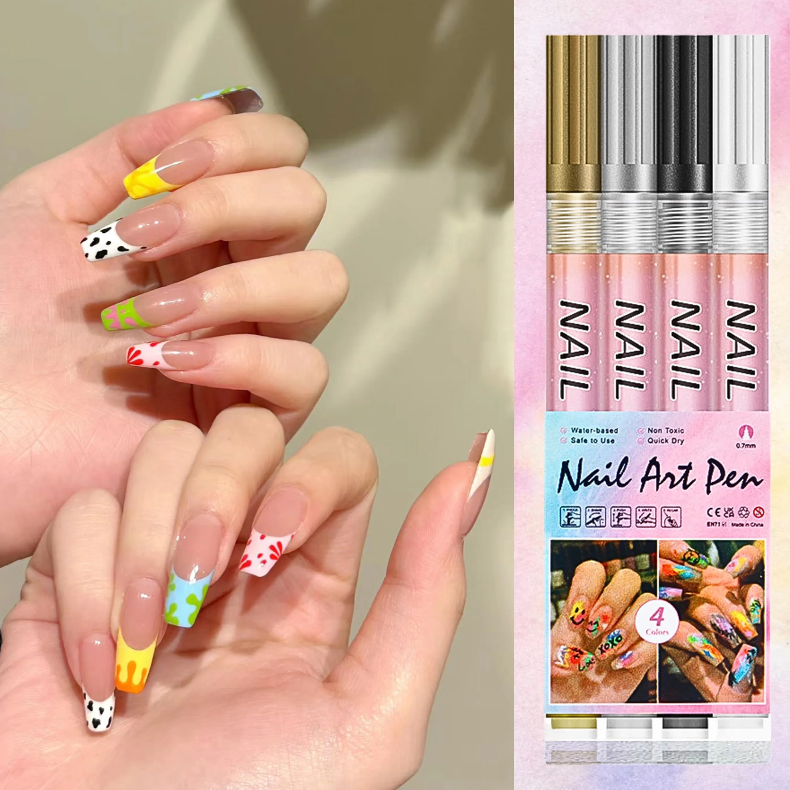 4 kolory Nail Art Pen 3D, zestaw pisaków do malowania paznokci, DIY do malowania paznokci, graffiti, końcówki do paznokci, akcesoria do manicure, do stylizacji paznokci (kolorowe, 4 szt.)